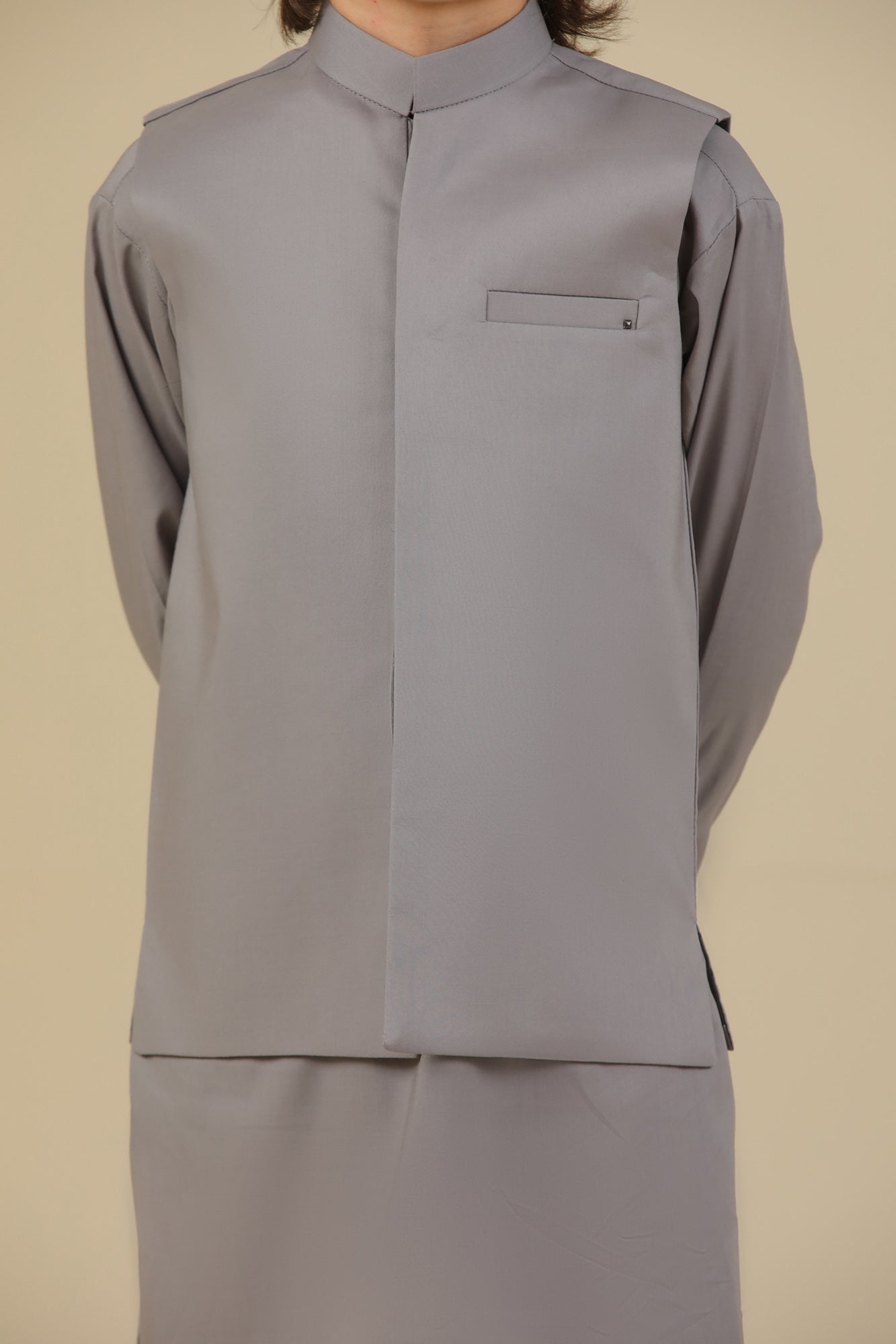 Light Grey Soft Cotton Kurta Trouser with Waistcoat - Kids