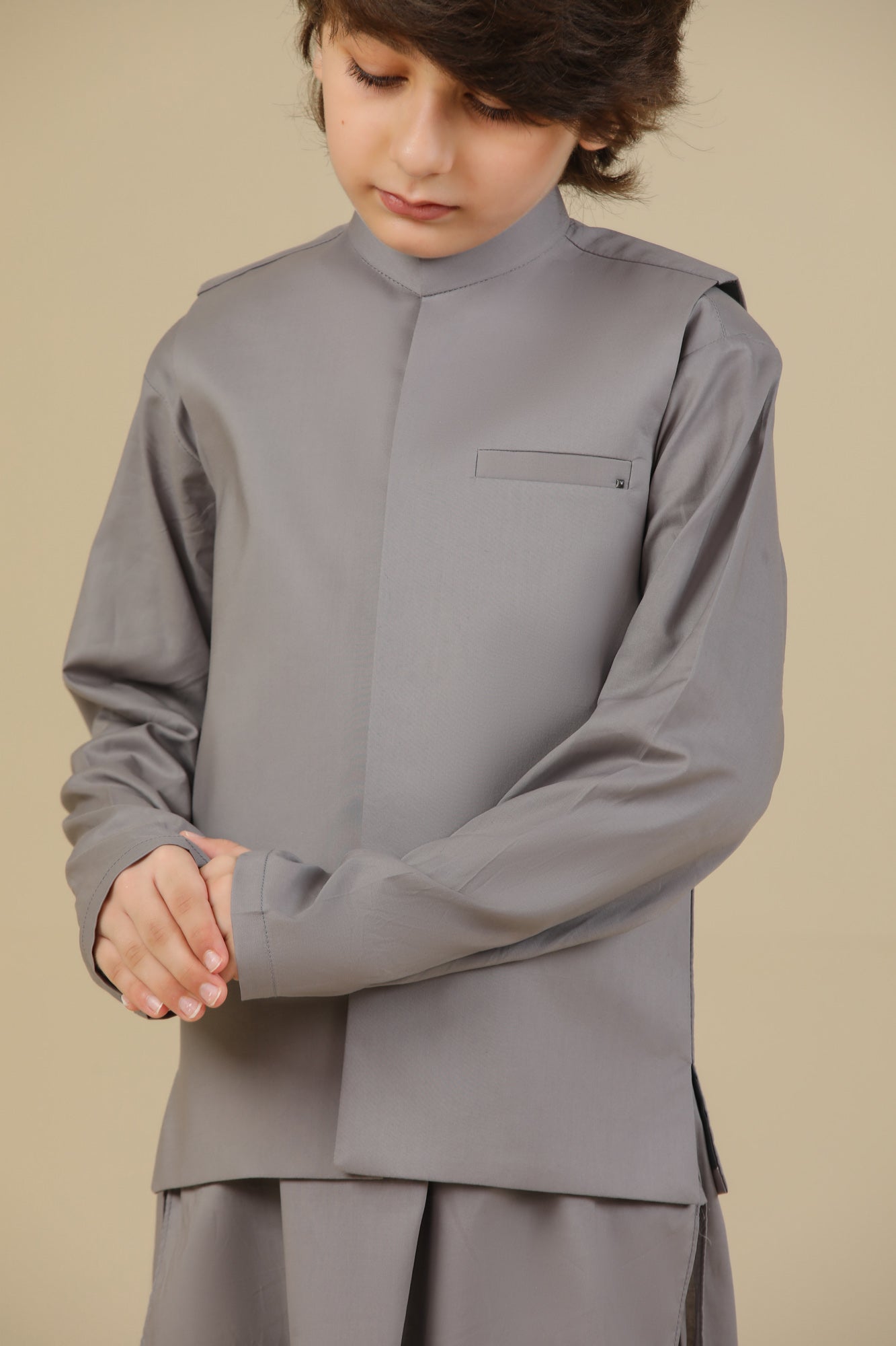 Light Grey Soft Cotton Kurta Trouser with Waistcoat - Kids