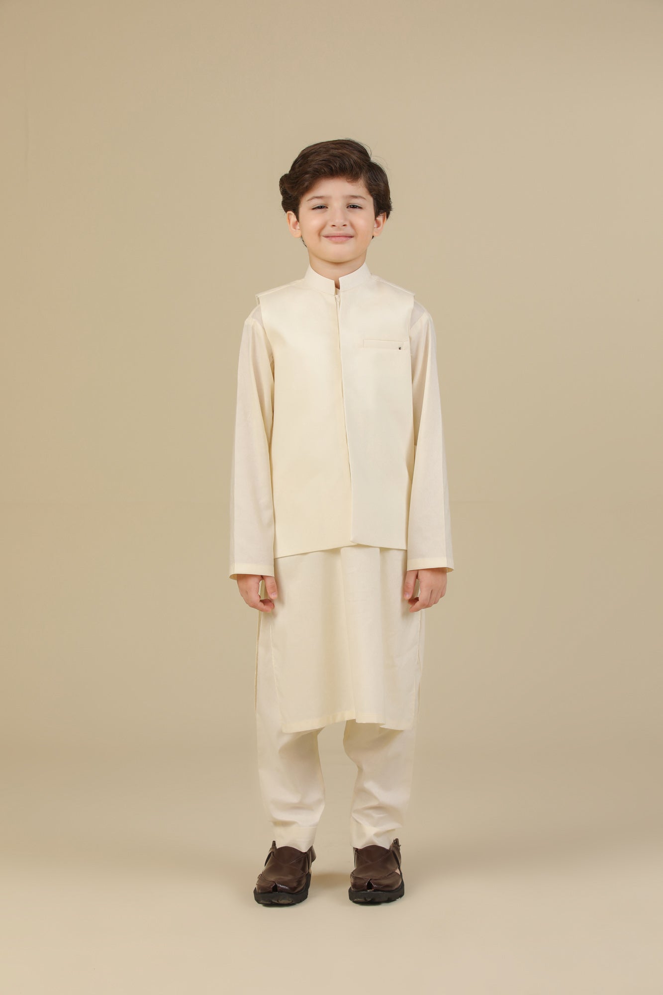 Bosky White Soft Cotton Kurta Trouser with Waistcoat - Kids