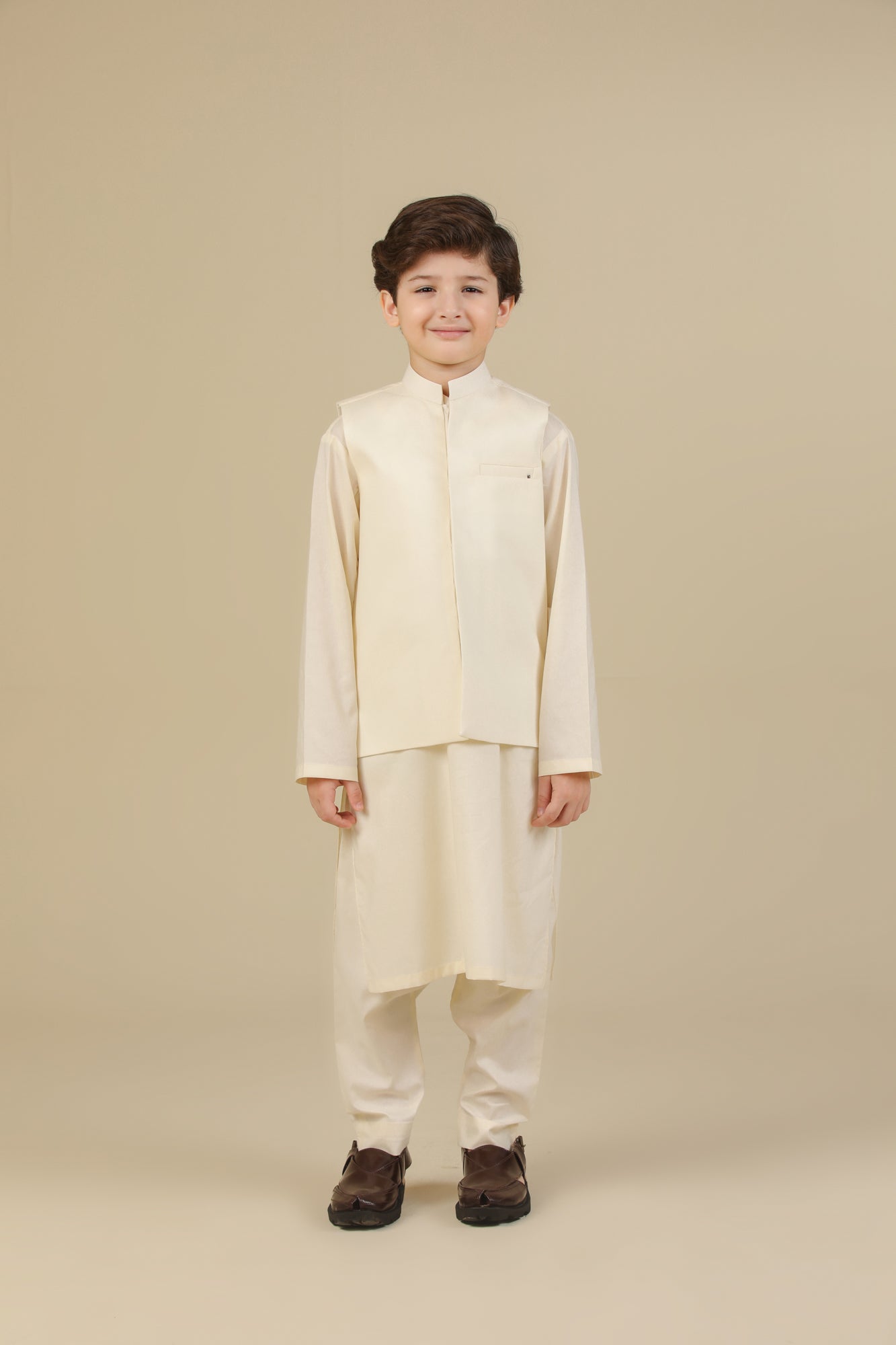 Bosky White Soft Cotton Kurta Trouser with Waistcoat - Kids