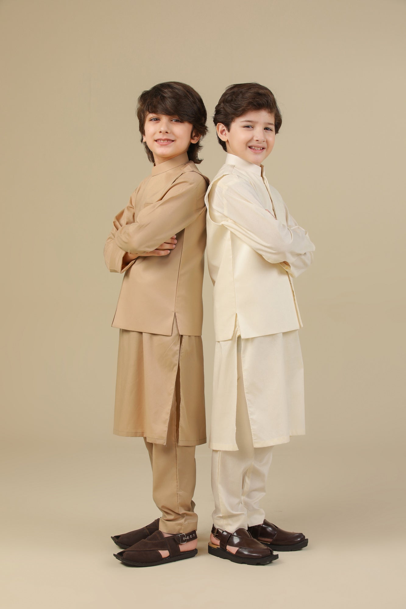 Camel Soft Cotton Kurta Trouser with Waistcoat - Kids