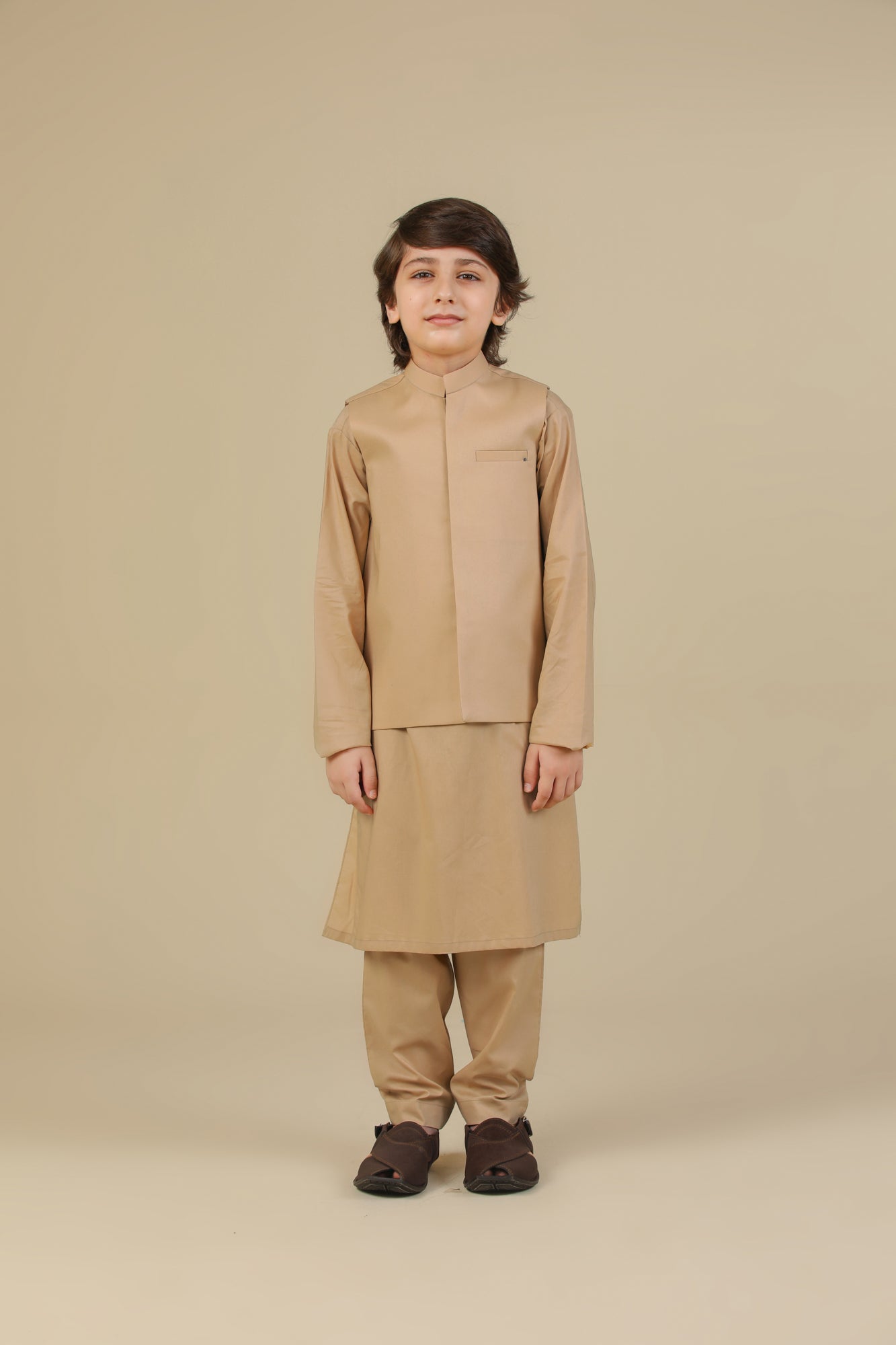 Camel Soft Cotton Kurta Trouser with Waistcoat - Kids