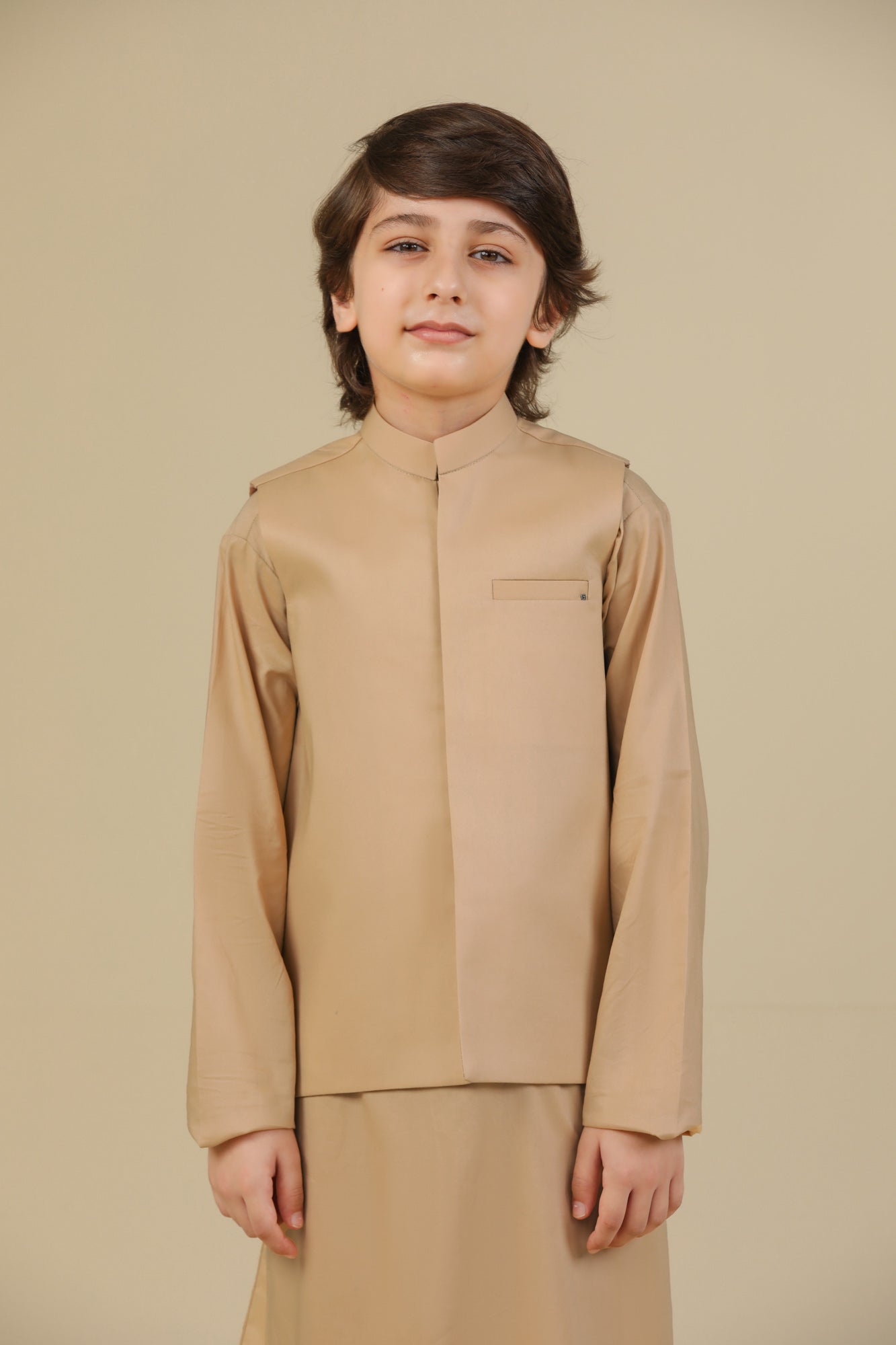 Camel Soft Cotton Kurta Trouser with Waistcoat - Kids