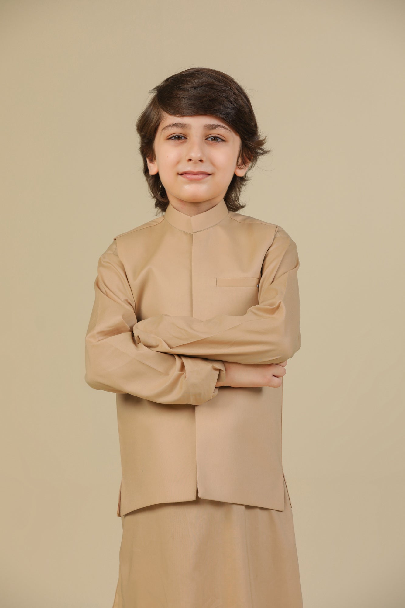 Camel Soft Cotton Kurta Trouser with Waistcoat - Kids