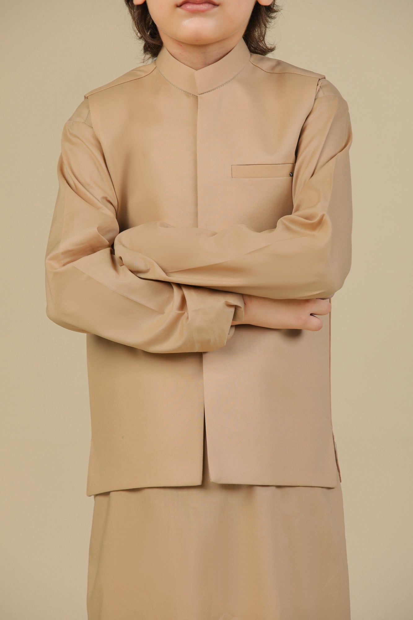 Camel Soft Cotton Kurta Trouser with Waistcoat - Kids