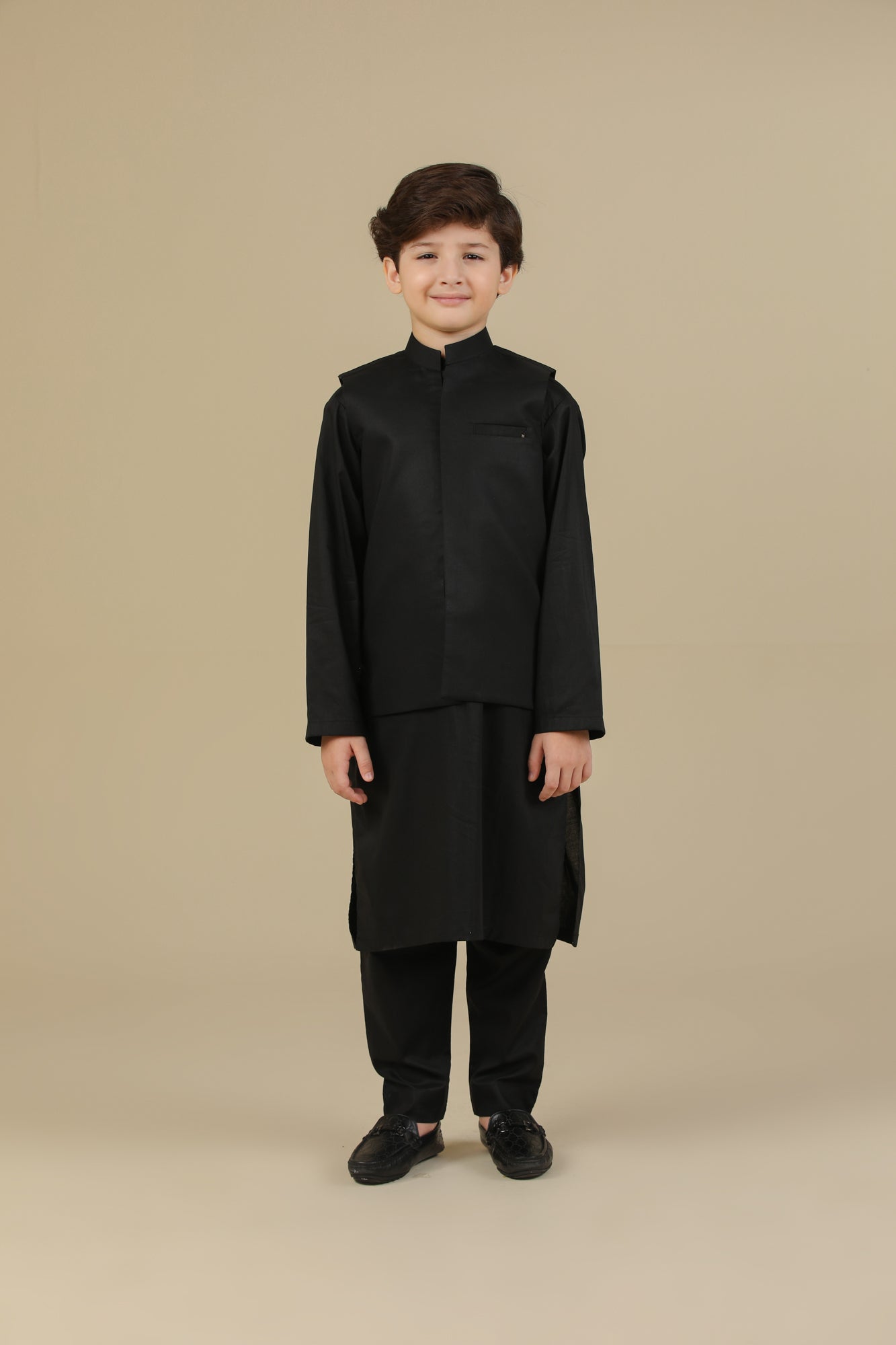 Black Soft Cotton Kurta Trouser with Waistcoat - Kids