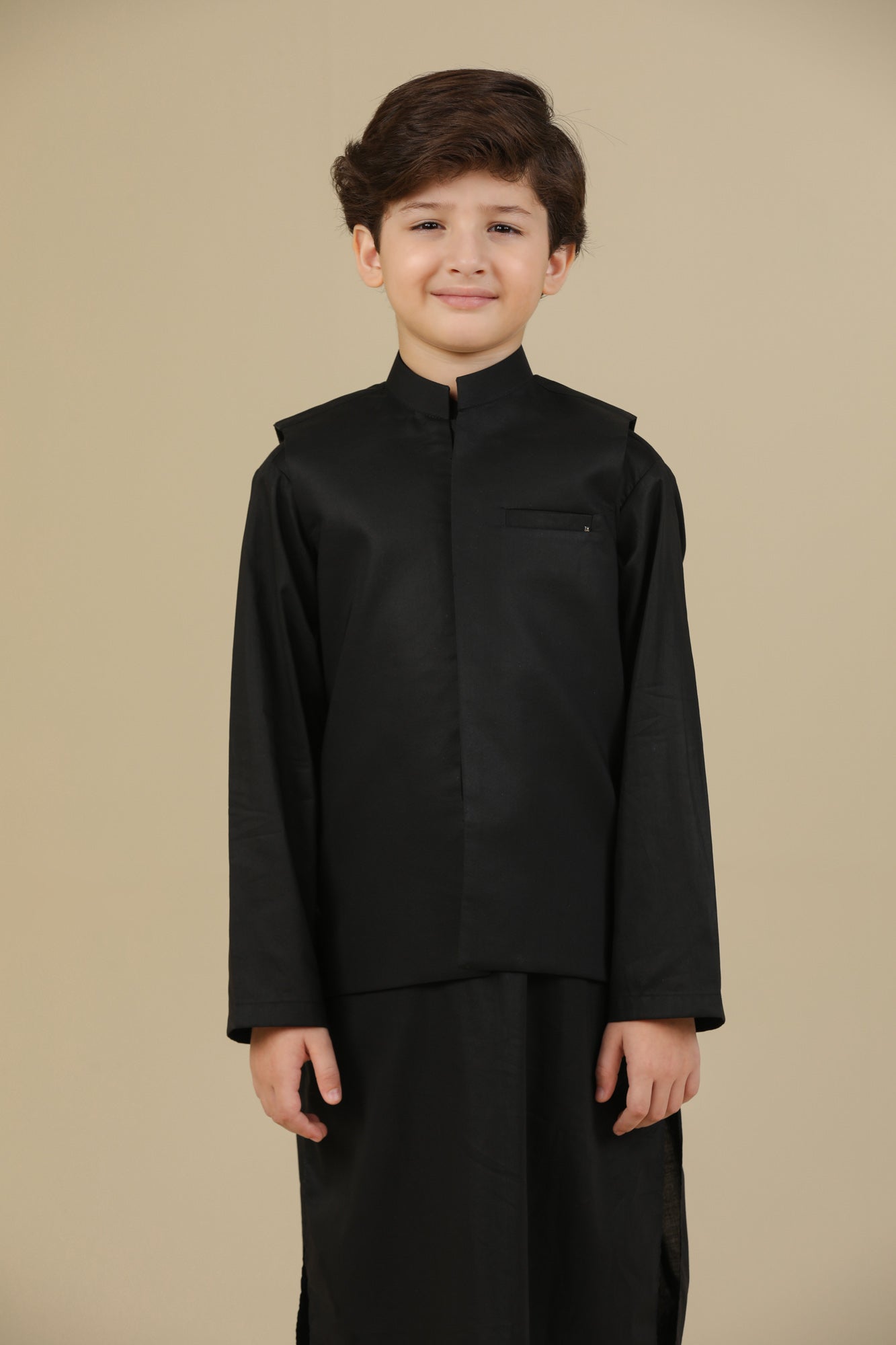 Black Soft Cotton Kurta Trouser with Waistcoat - Kids