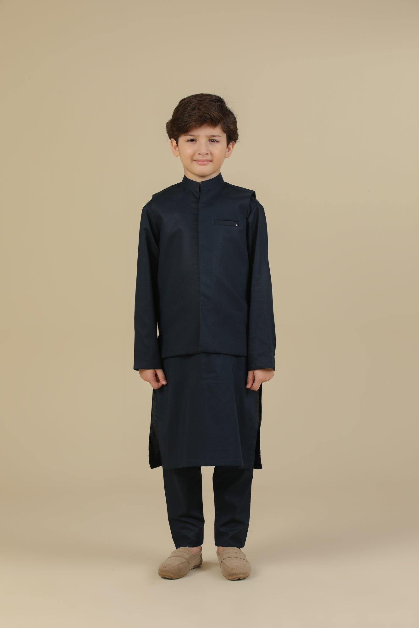 Navy Blue Soft Cotton Kurta Trouser with Waistcoat - Kids