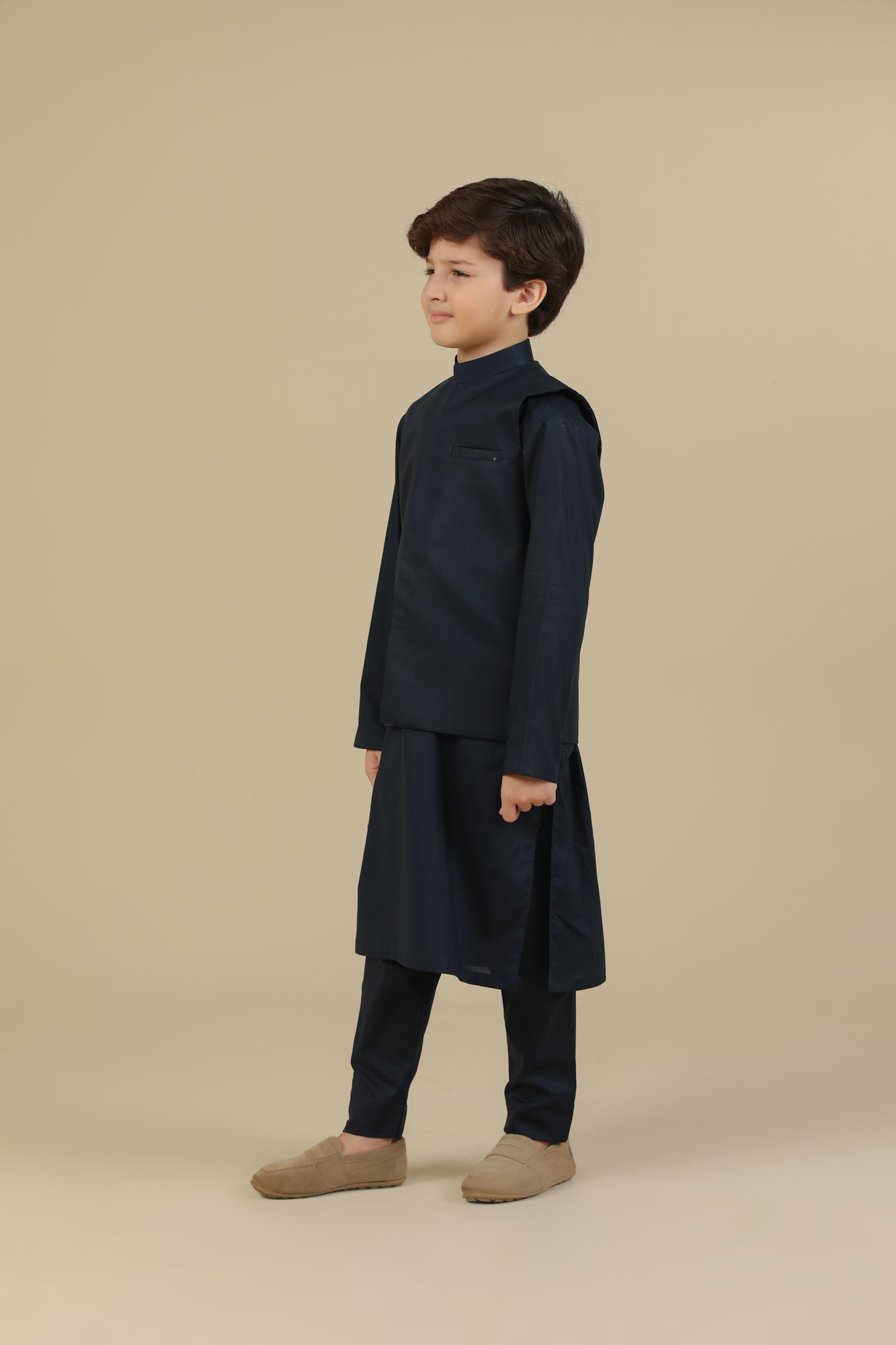 Navy Blue Soft Cotton Kurta Trouser with Waistcoat - Kids