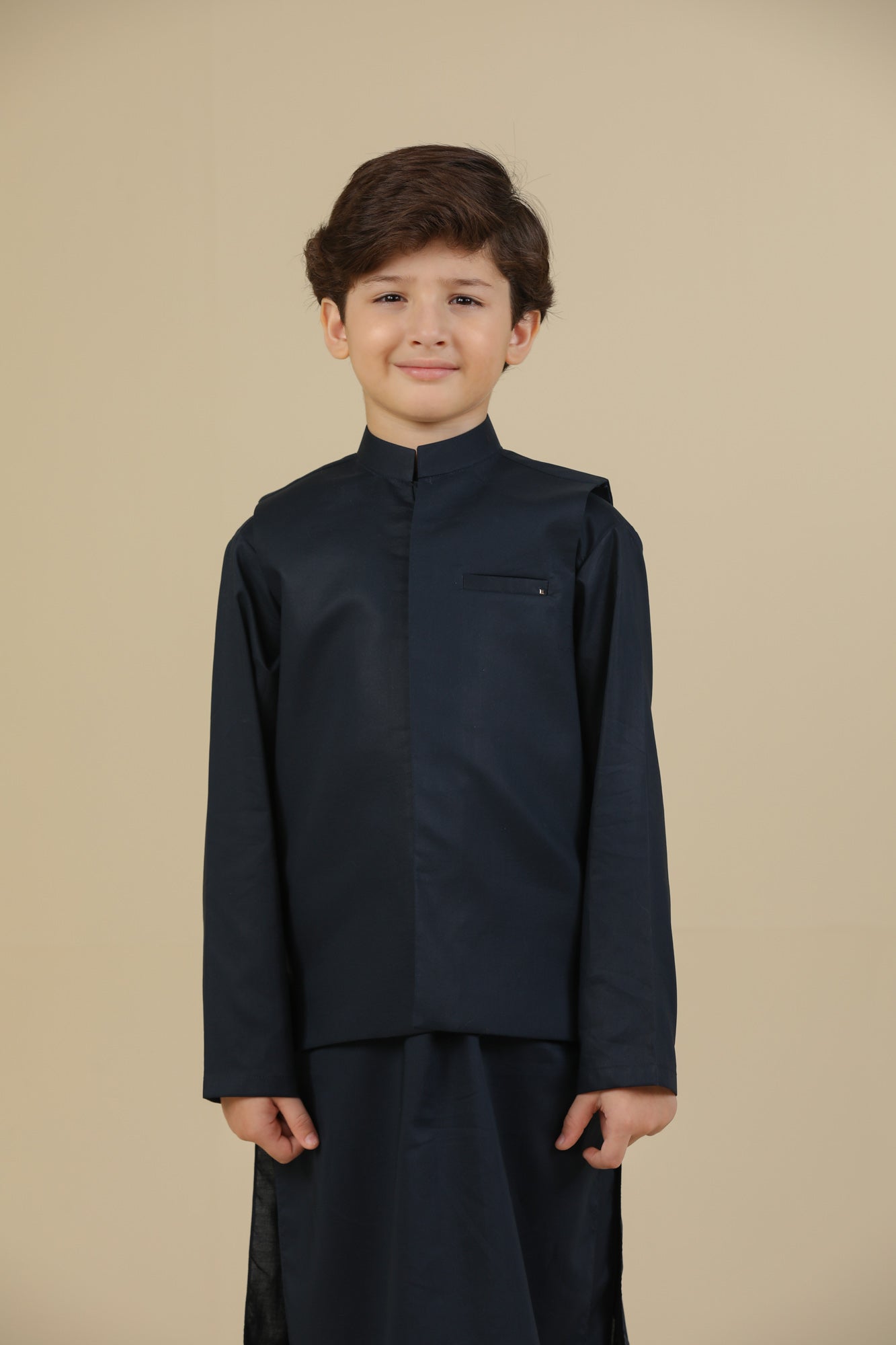 Navy Blue Soft Cotton Kurta Trouser with Waistcoat - Kids