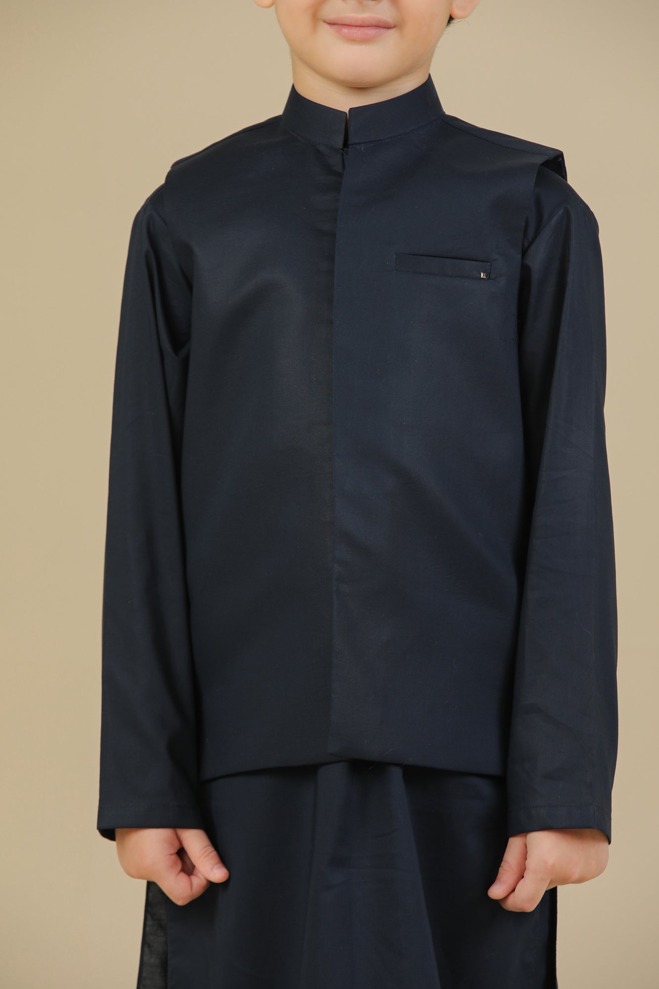 Navy Blue Soft Cotton Kurta Trouser with Waistcoat - Kids