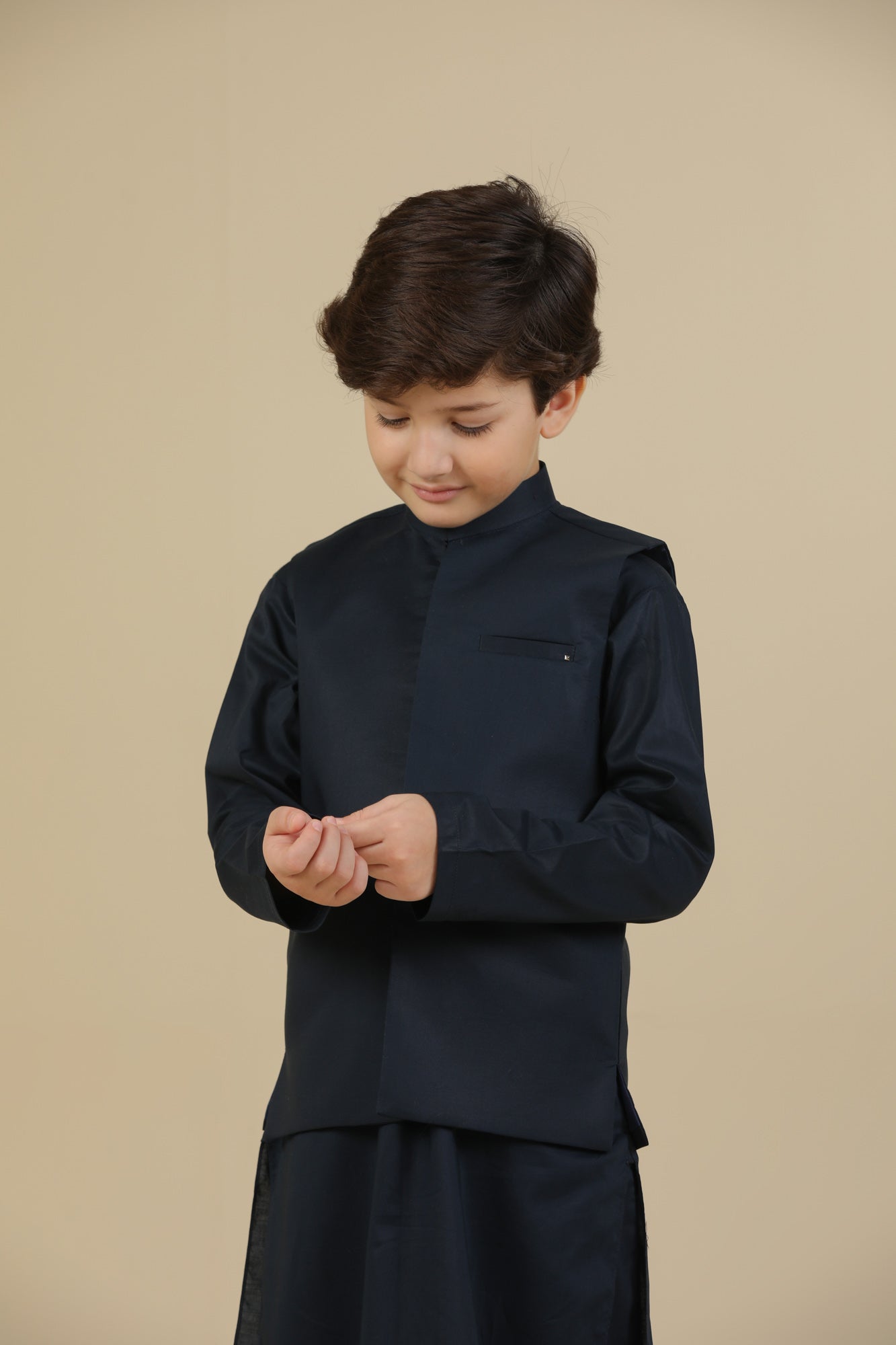 Navy Blue Soft Cotton Kurta Trouser with Waistcoat - Kids