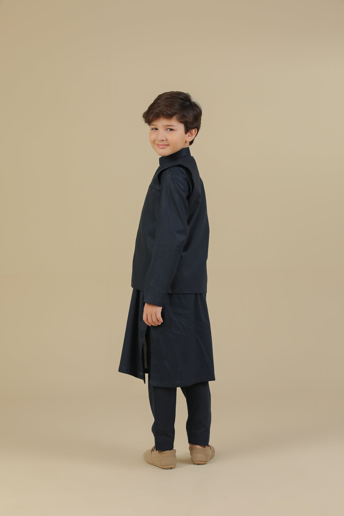 Navy Blue Soft Cotton Kurta Trouser with Waistcoat - Kids