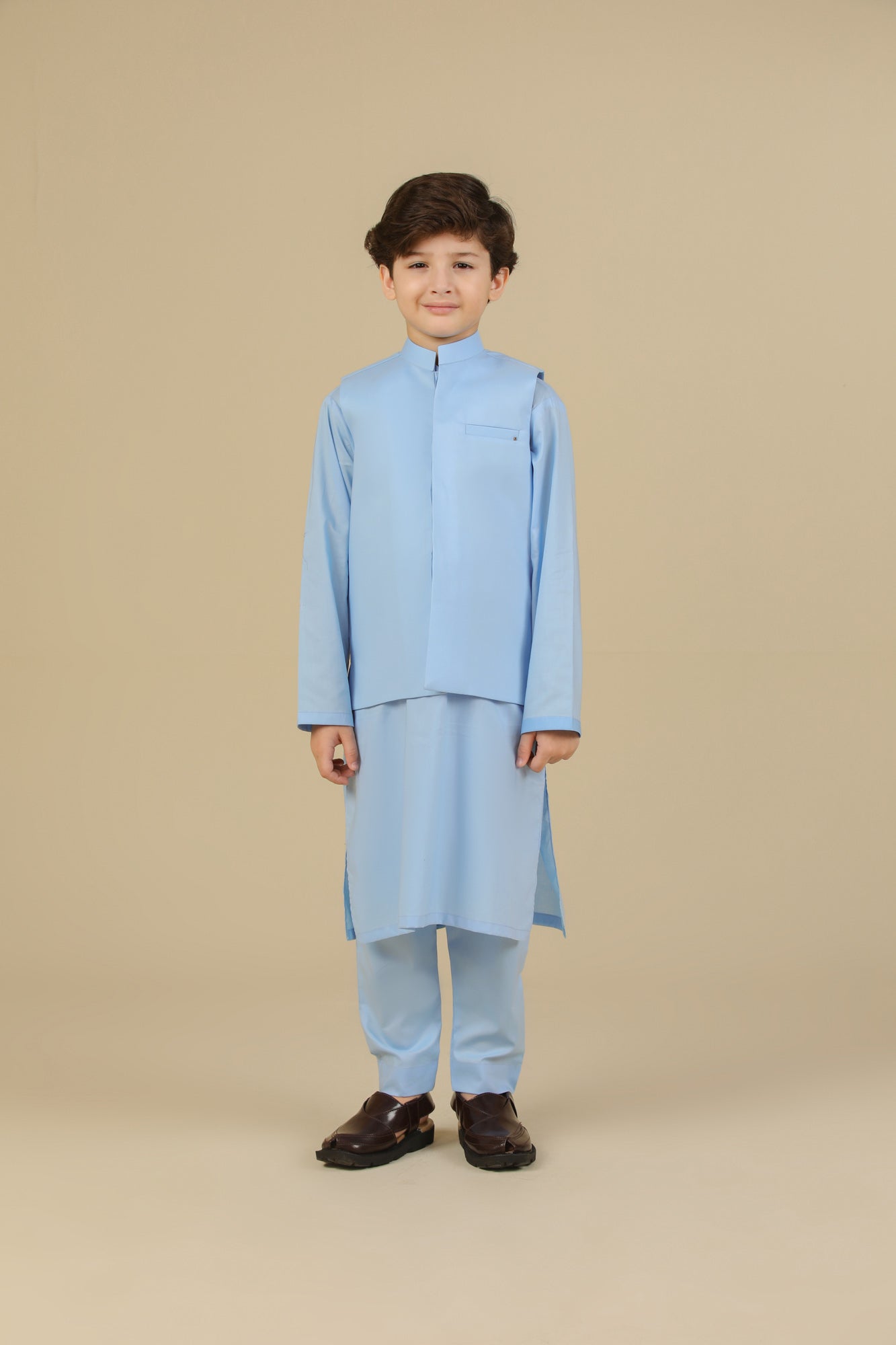Sky Blue Soft Cotton Kurta Trouser with Waistcoat - Kids