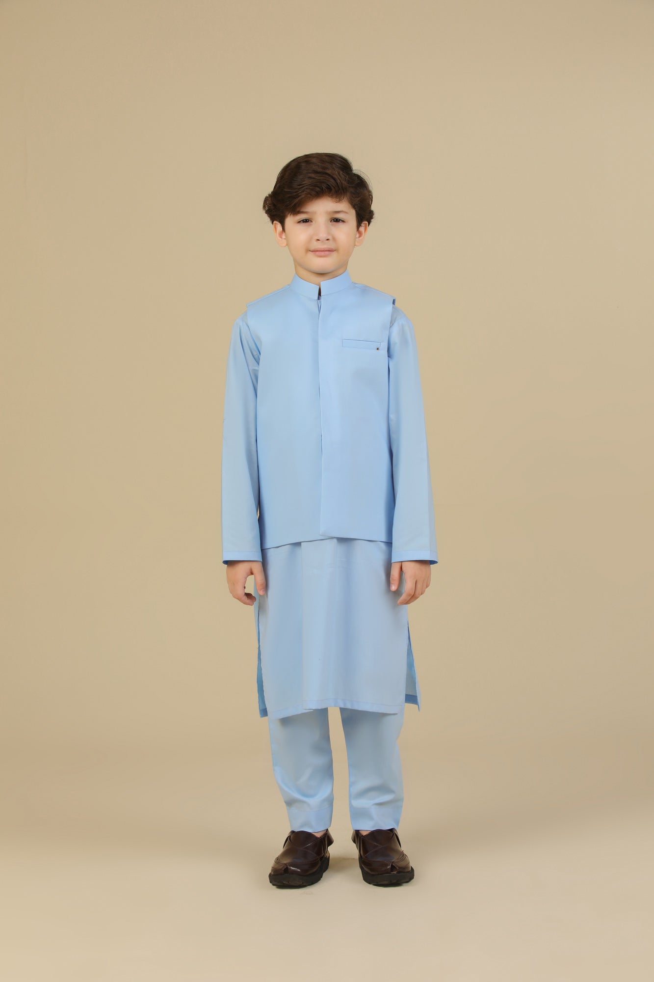 Sky Blue Soft Cotton Kurta Trouser with Waistcoat - Kids