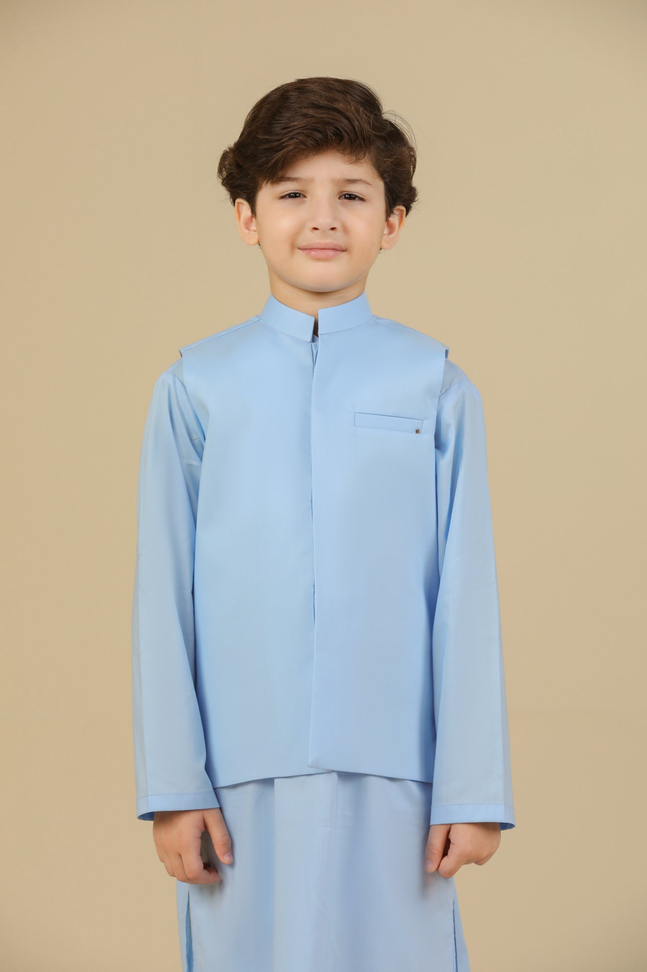 Sky Blue Soft Cotton Kurta Trouser with Waistcoat - Kids