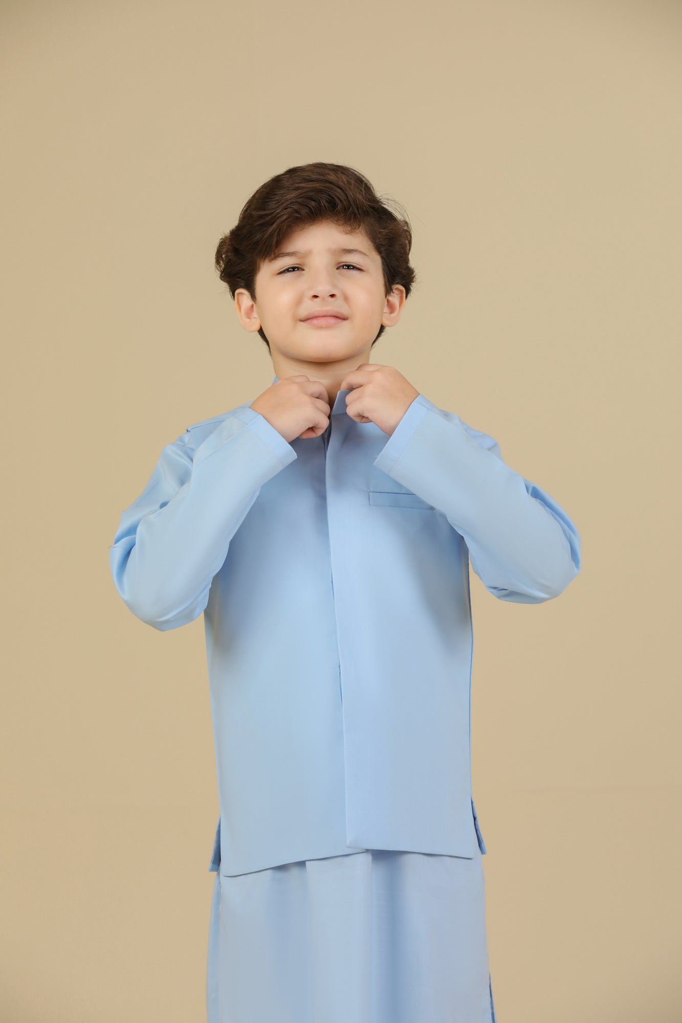 Sky Blue Soft Cotton Kurta Trouser with Waistcoat - Kids