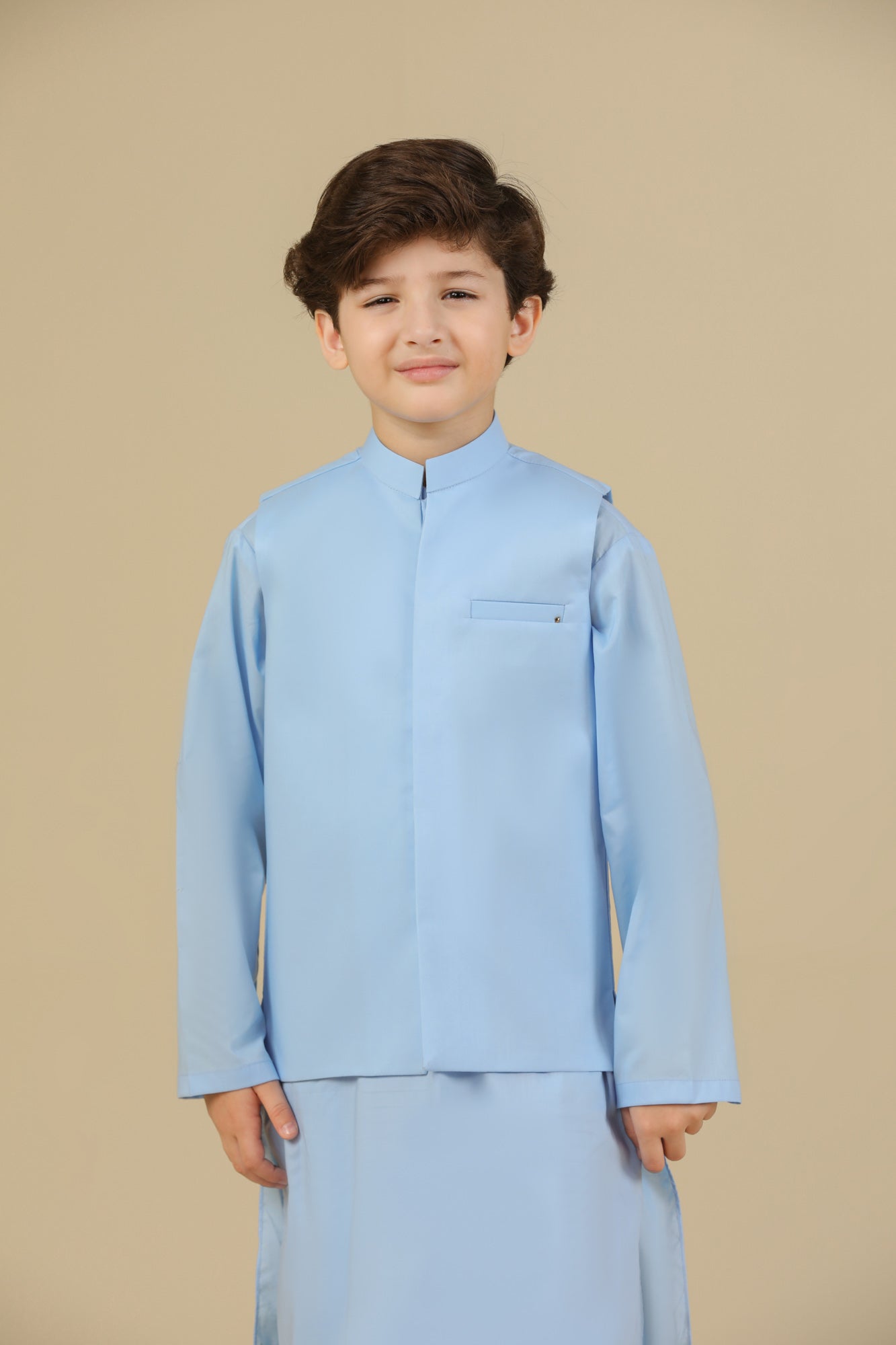 Sky Blue Soft Cotton Kurta Trouser with Waistcoat - Kids