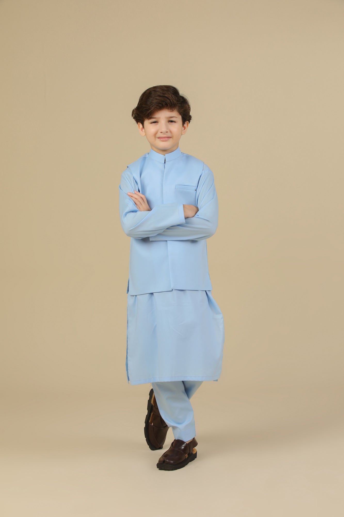 Sky Blue Soft Cotton Kurta Trouser with Waistcoat - Kids