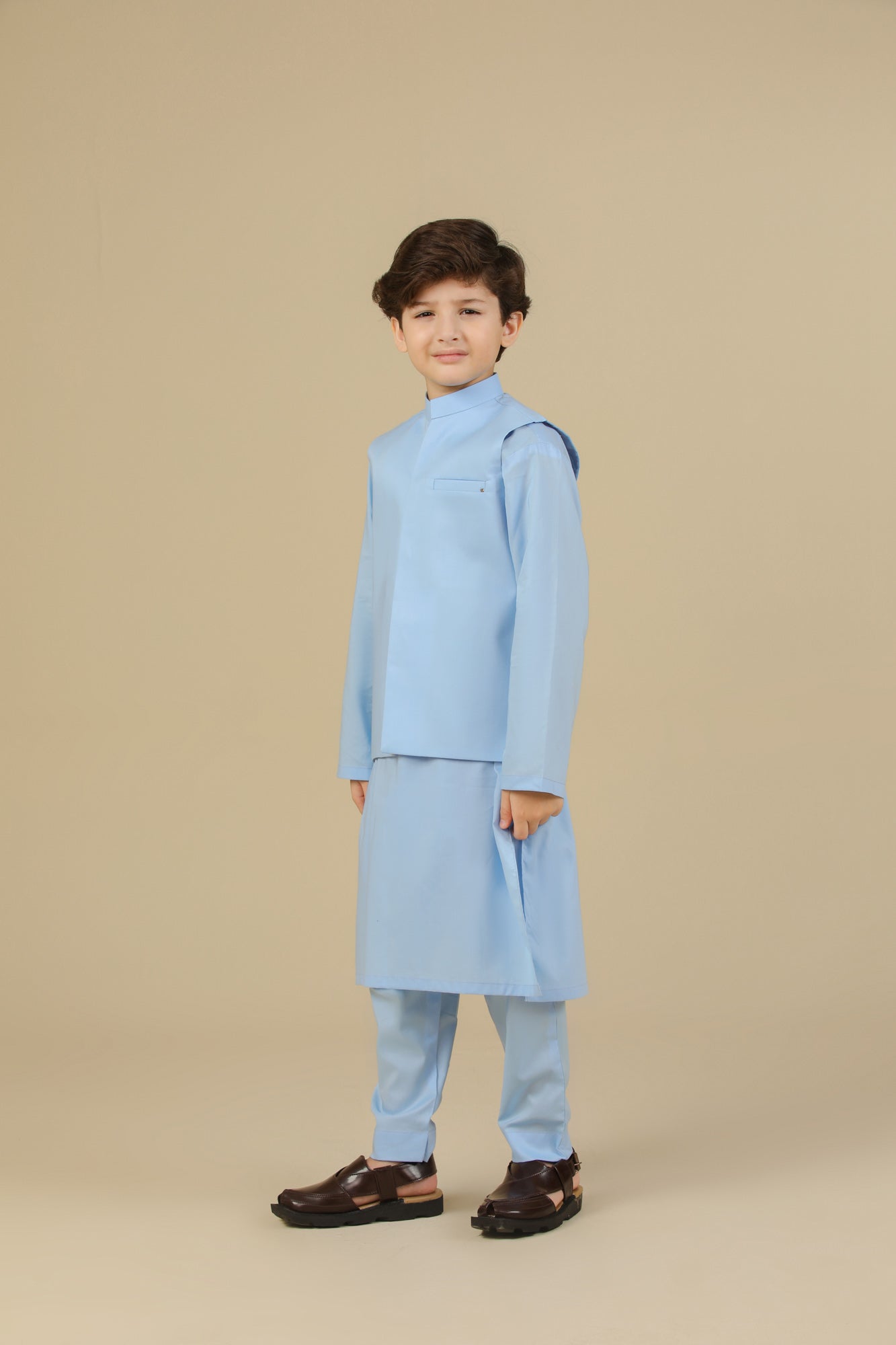 Sky Blue Soft Cotton Kurta Trouser with Waistcoat - Kids