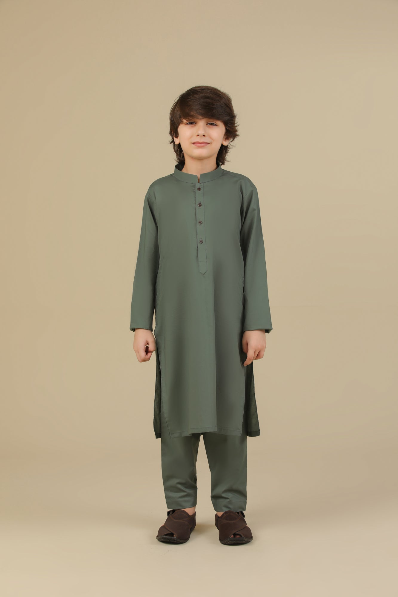 Army Green Soft Cotton Kurta Trouser - Kids