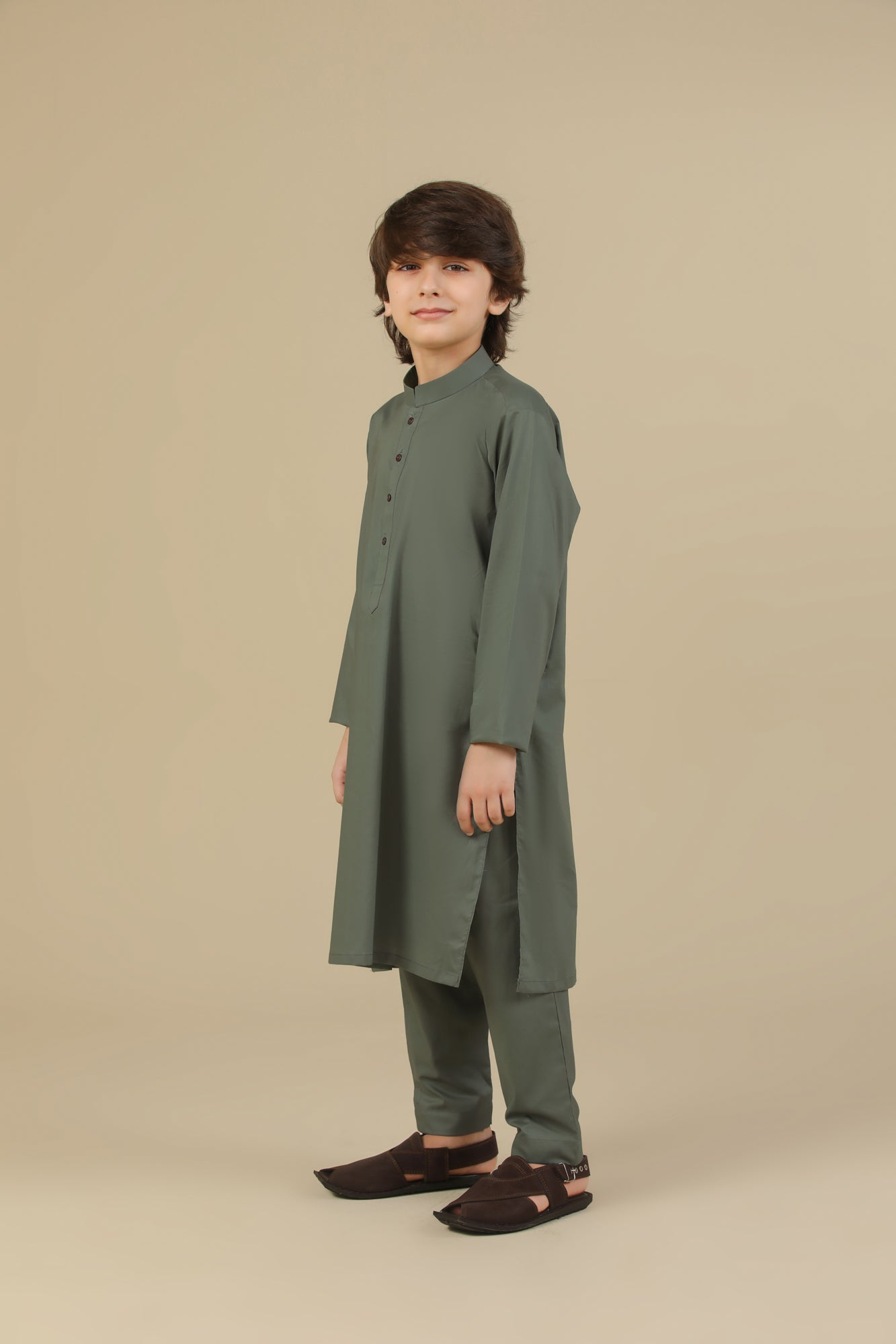 Army Green Soft Cotton Kurta Trouser - Kids