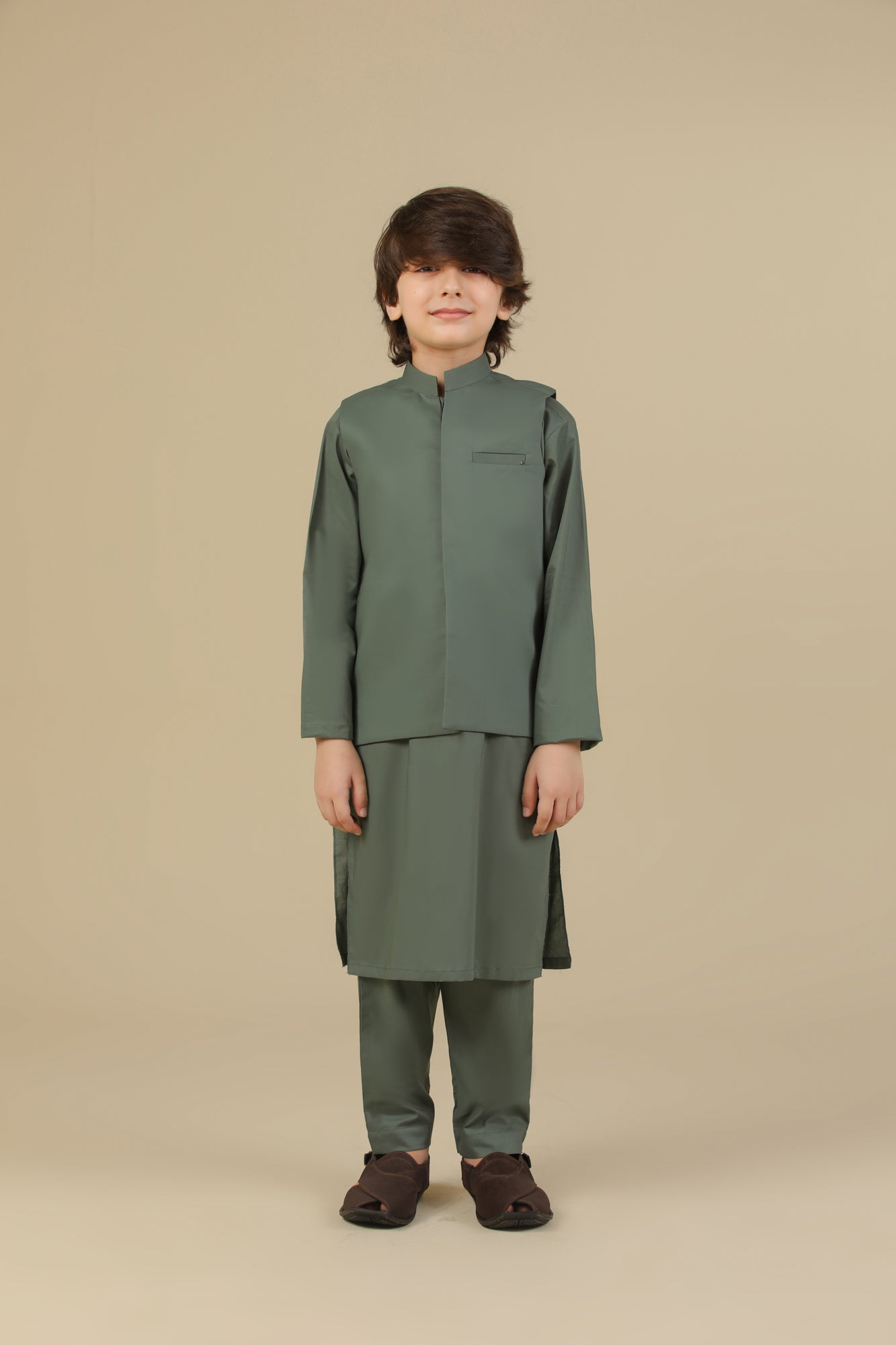 Army Green Soft Cotton Kurta Trouser with Waistcoat - Kids