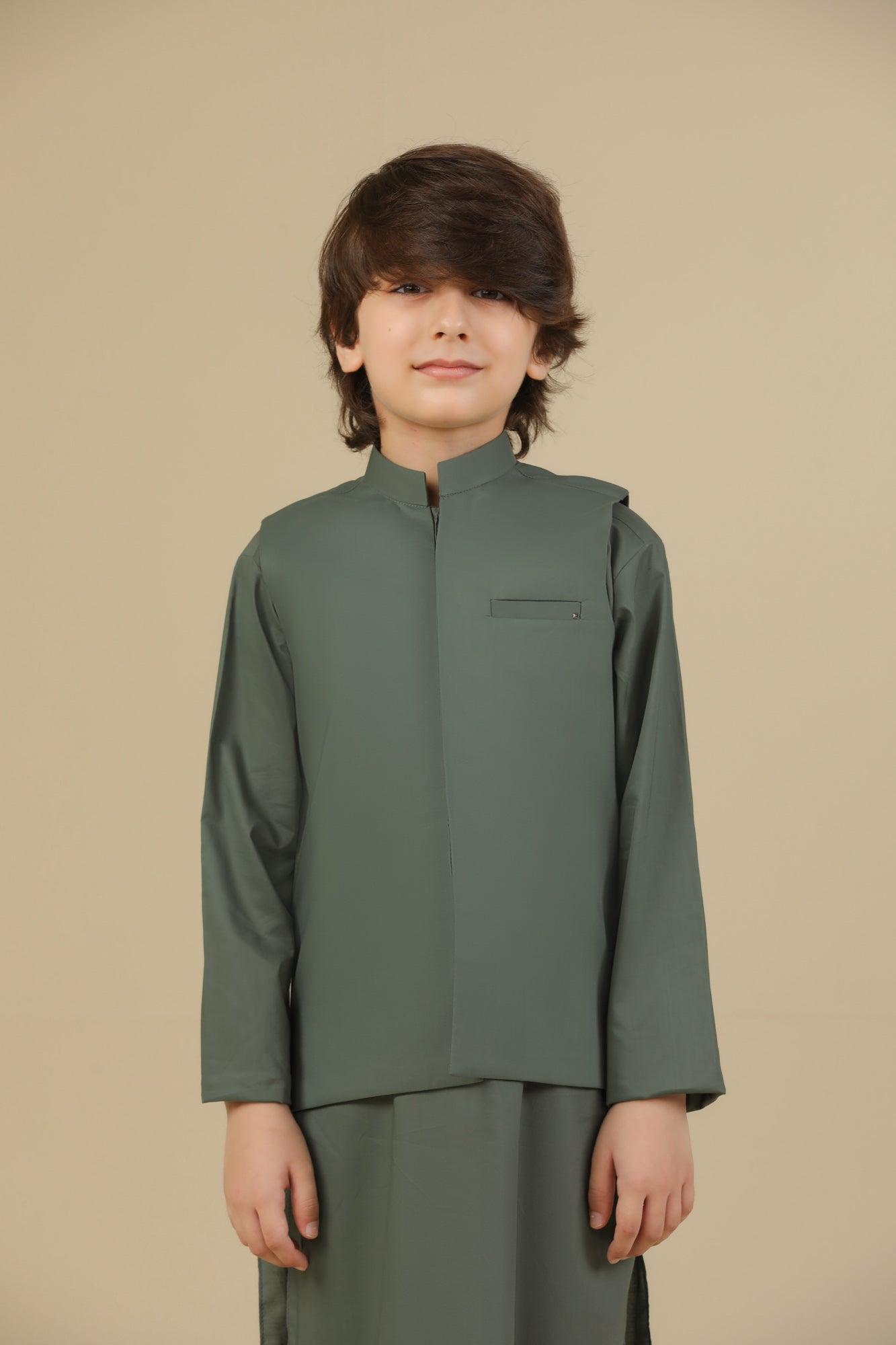 Army Green Soft Cotton Kurta Trouser with Waistcoat - Kids