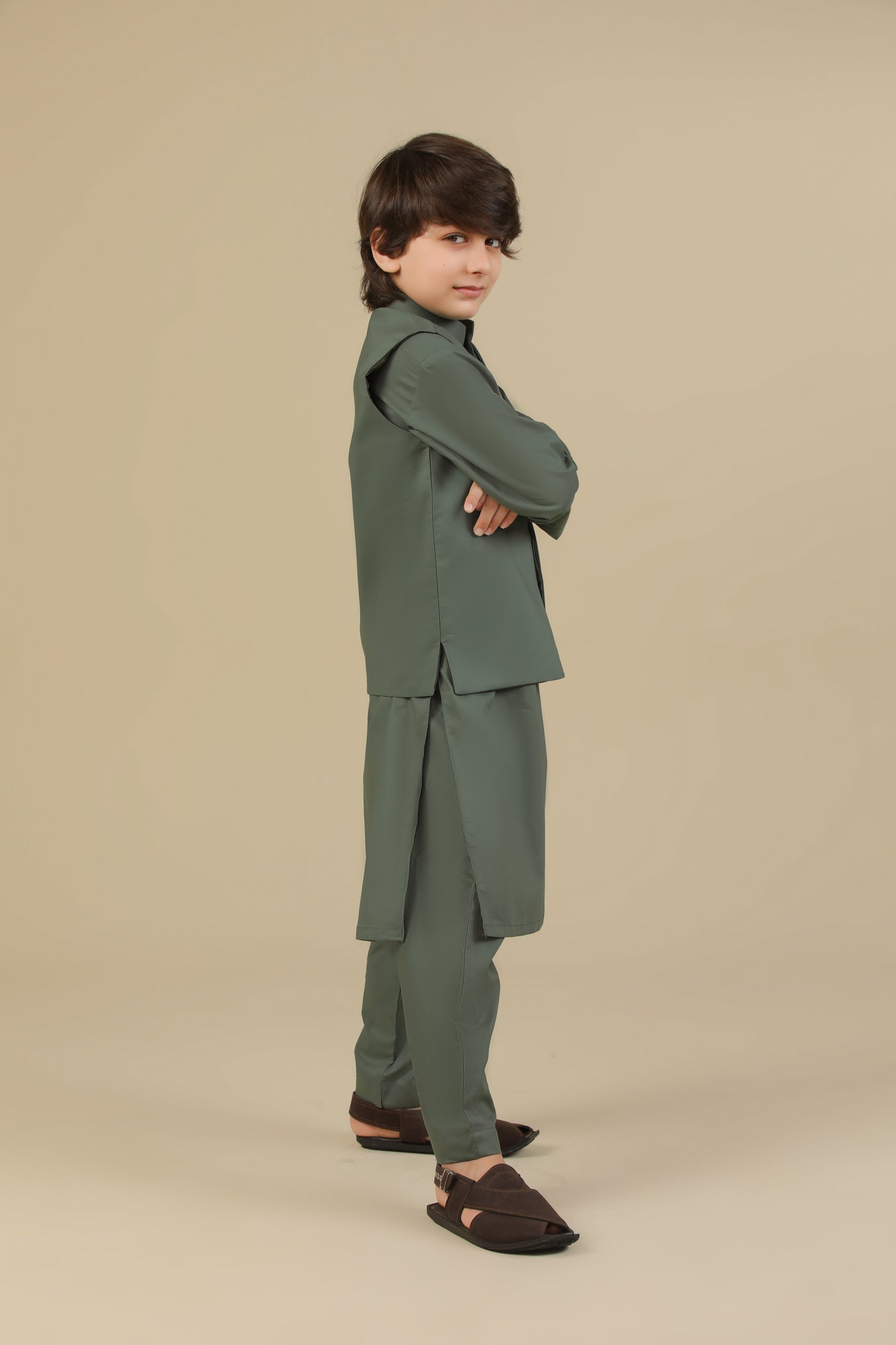 Army Green Soft Cotton Kurta Trouser with Waistcoat - Kids