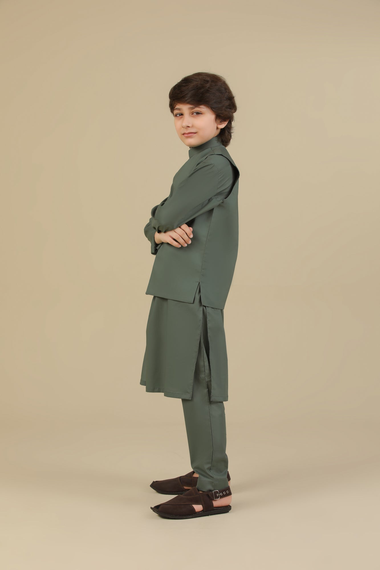 Army Green Soft Cotton Kurta Trouser with Waistcoat - Kids