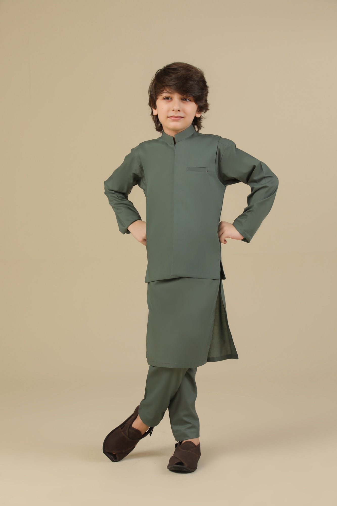 Army Green Soft Cotton Kurta Trouser with Waistcoat - Kids