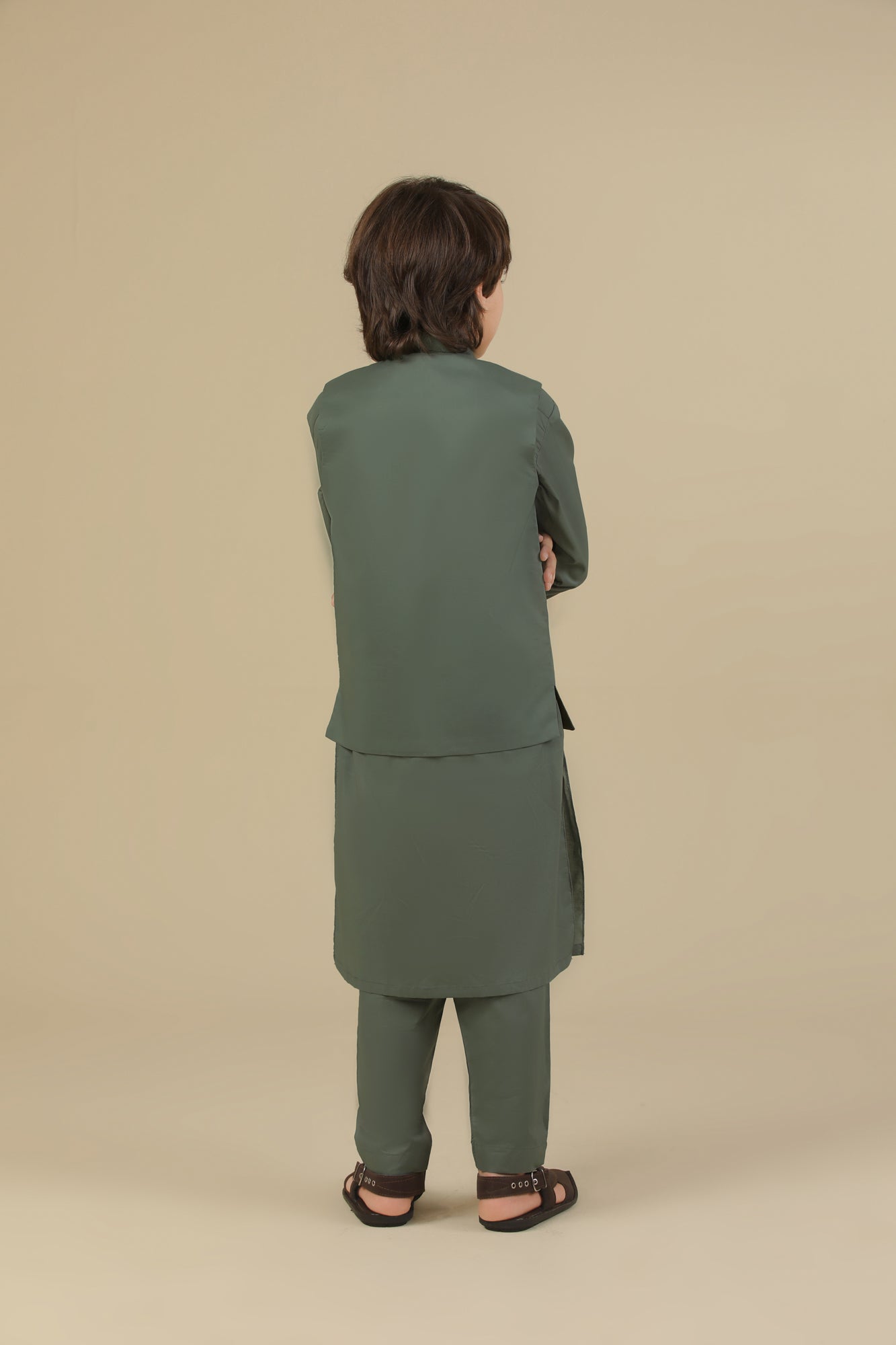 Army Green Soft Cotton Kurta Trouser with Waistcoat - Kids