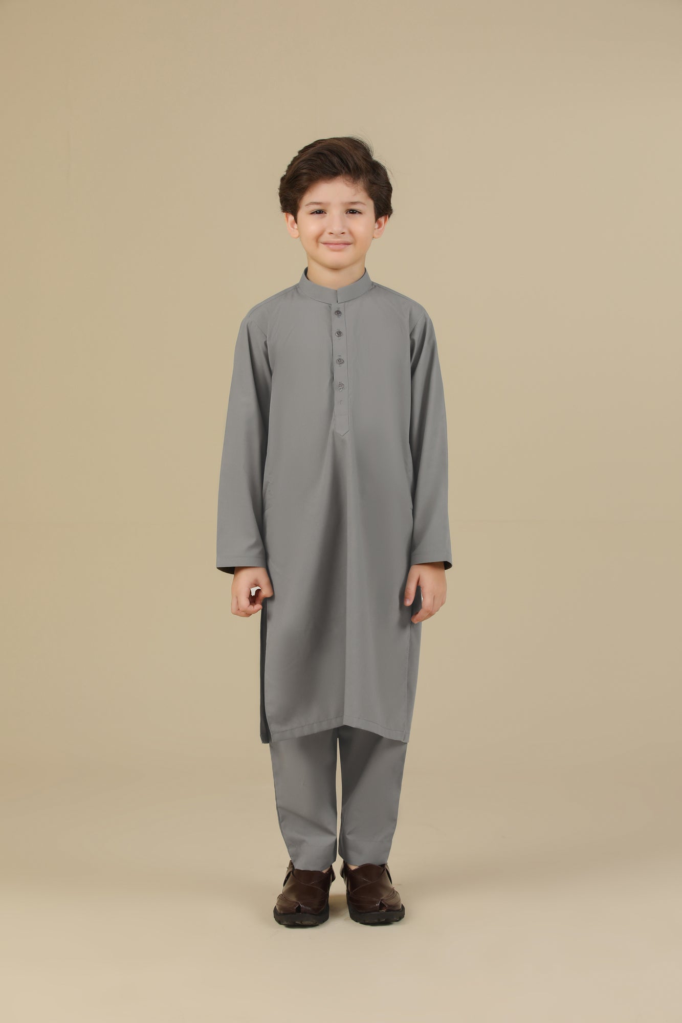 Sand Grey Blended Kurta Trouser - Kids