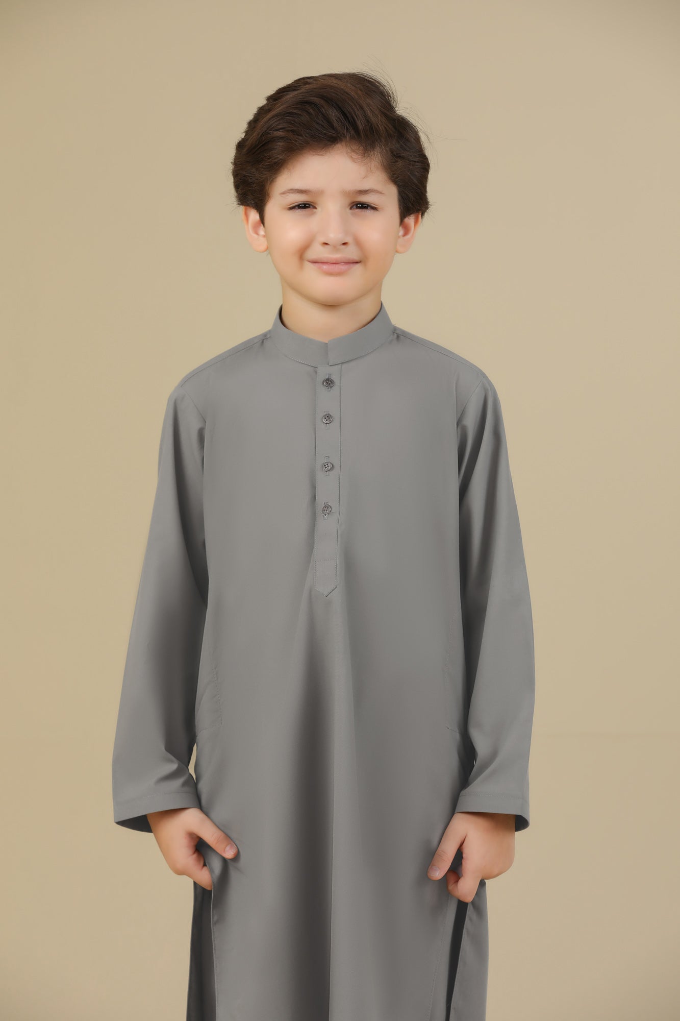 Sand Grey Blended Kurta Trouser - Kids