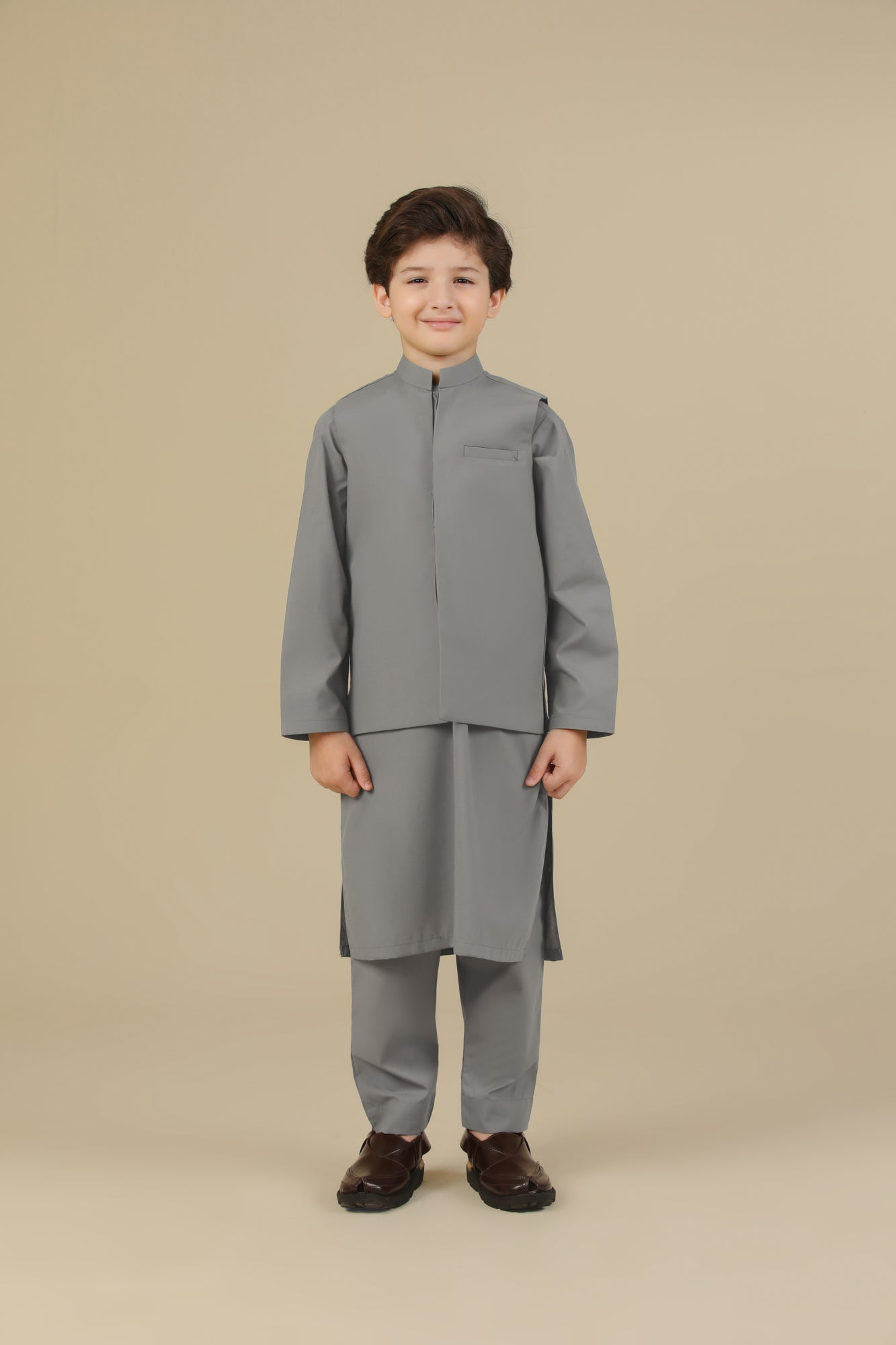 Sand Grey Kurta Trouser with Blended Waistcoat - Kids