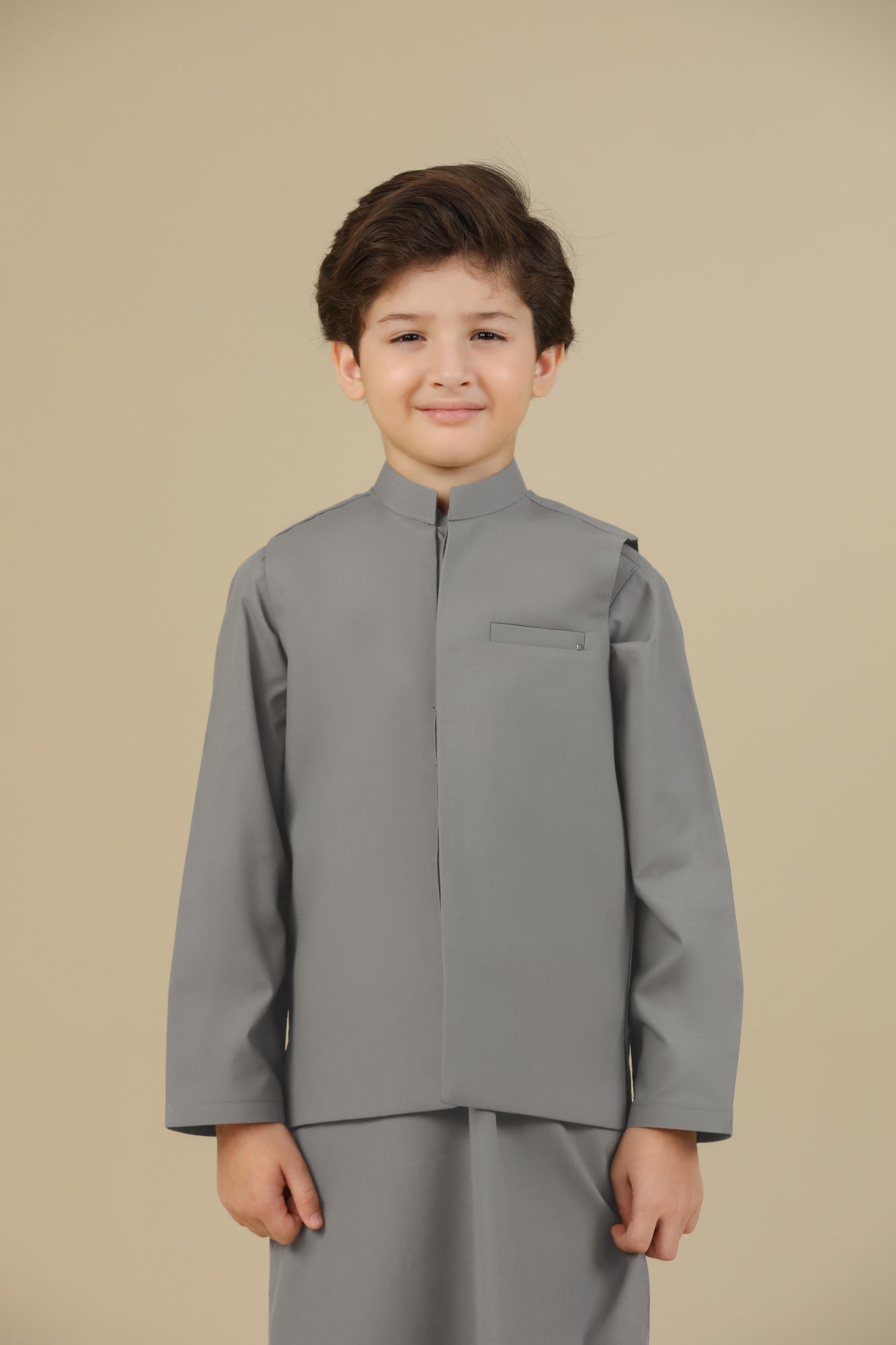 Sand Grey Kurta Trouser with Blended Waistcoat - Kids