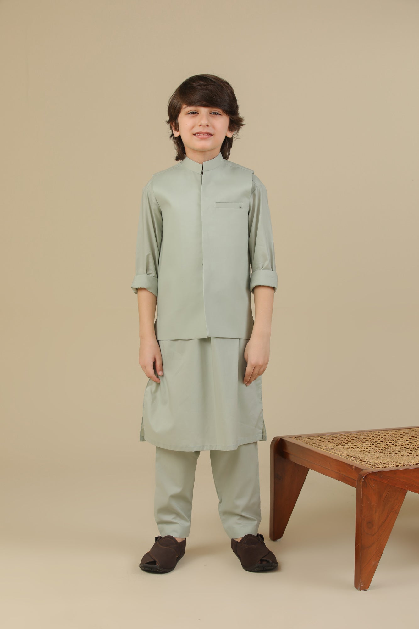 Light Mint Soft Cotton Kurta Trouser with Waistcoat - Kids