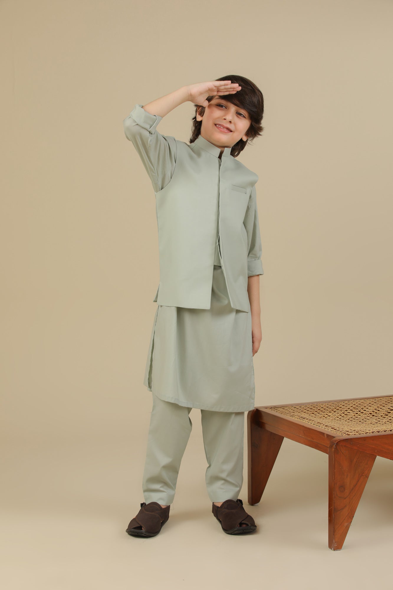 Light Mint Soft Cotton Kurta Trouser with Waistcoat - Kids