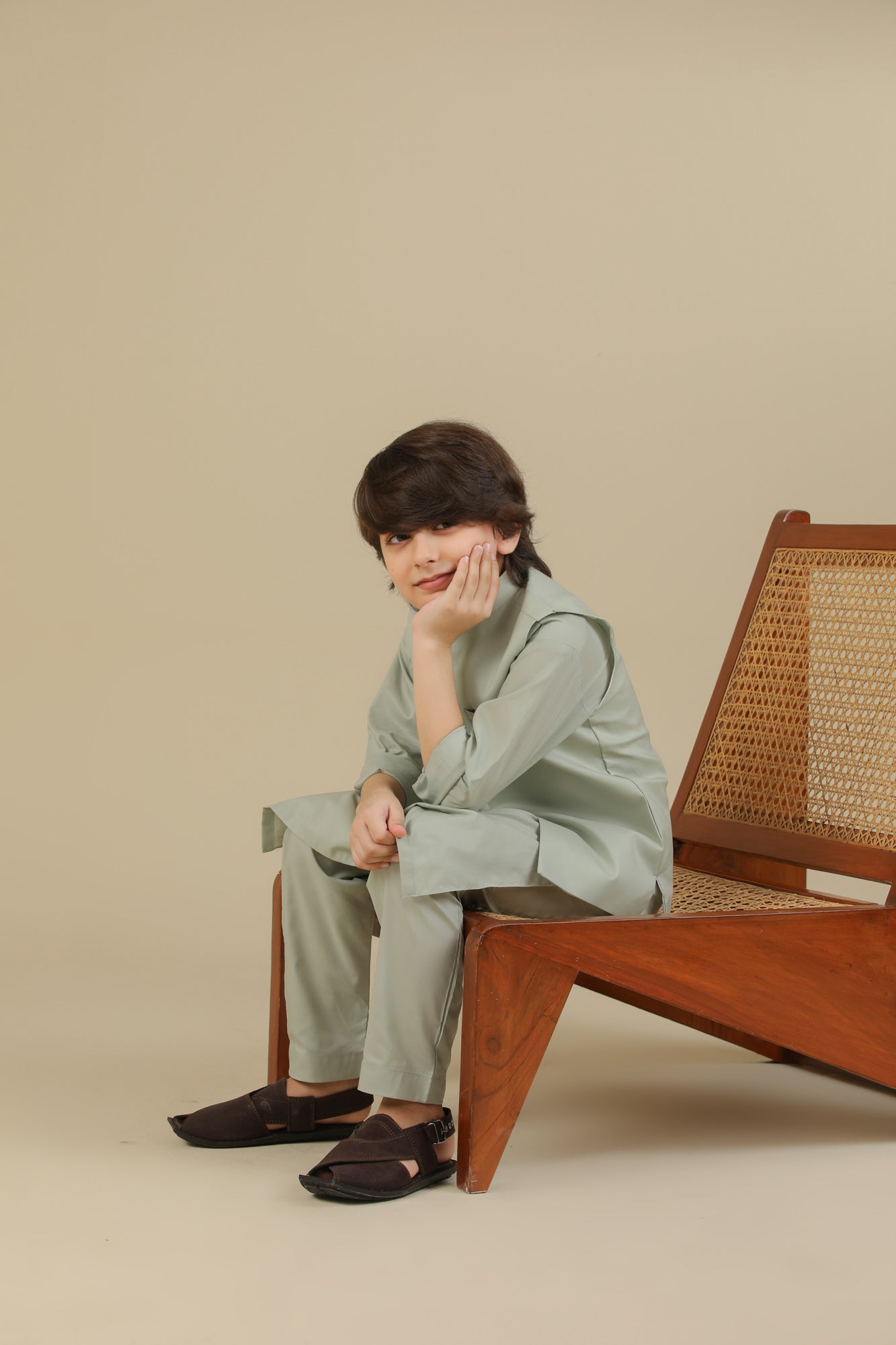Light Mint Soft Cotton Kurta Trouser with Waistcoat - Kids