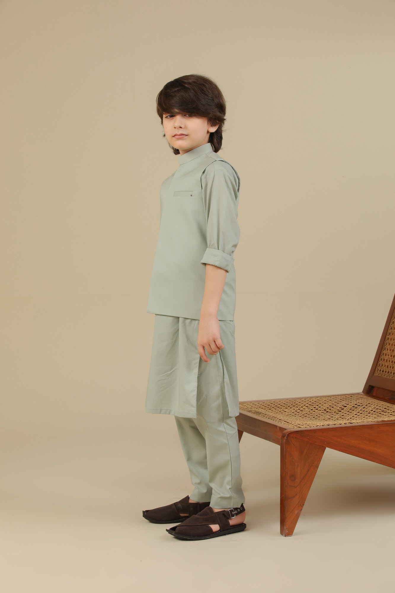 Light Mint Soft Cotton Kurta Trouser with Waistcoat - Kids