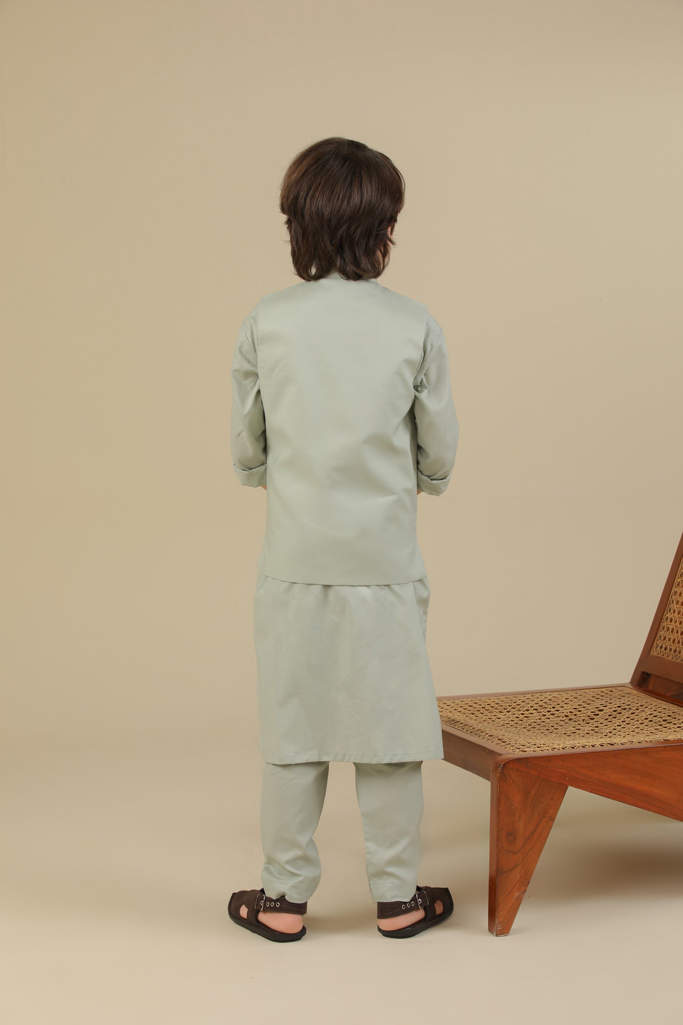 Light Mint Soft Cotton Kurta Trouser with Waistcoat - Kids