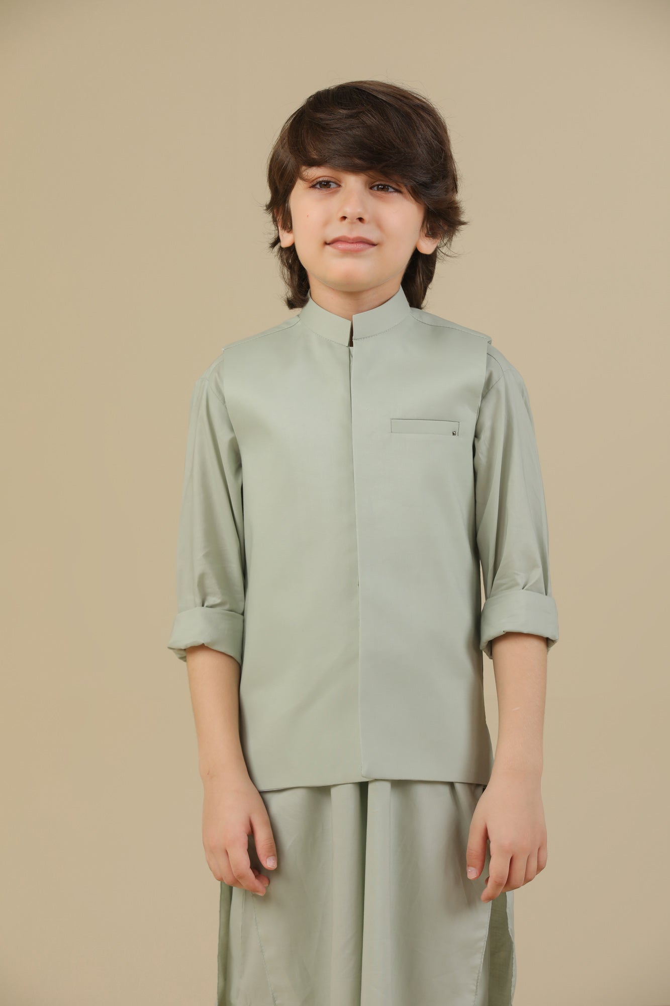 Light Mint Soft Cotton Kurta Trouser with Waistcoat - Kids