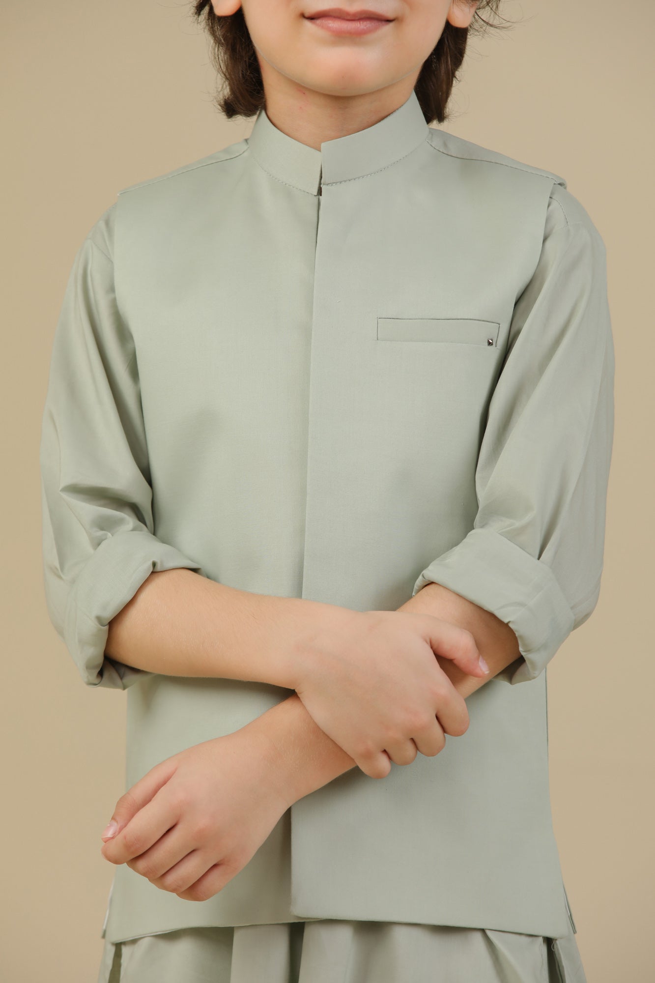 Light Mint Soft Cotton Kurta Trouser with Waistcoat - Kids