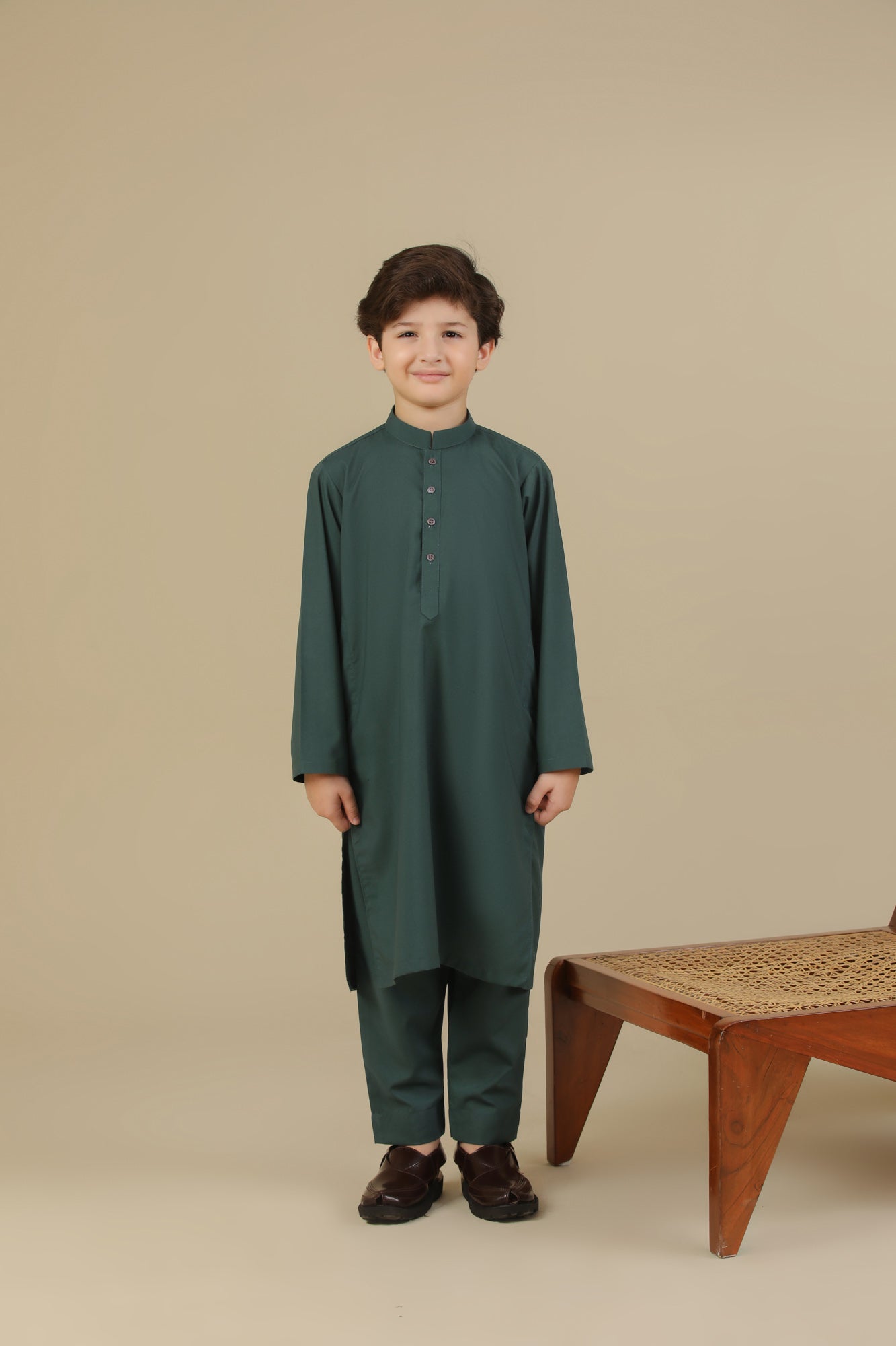 Bottle Green Blended Kurta Trouser - Kids