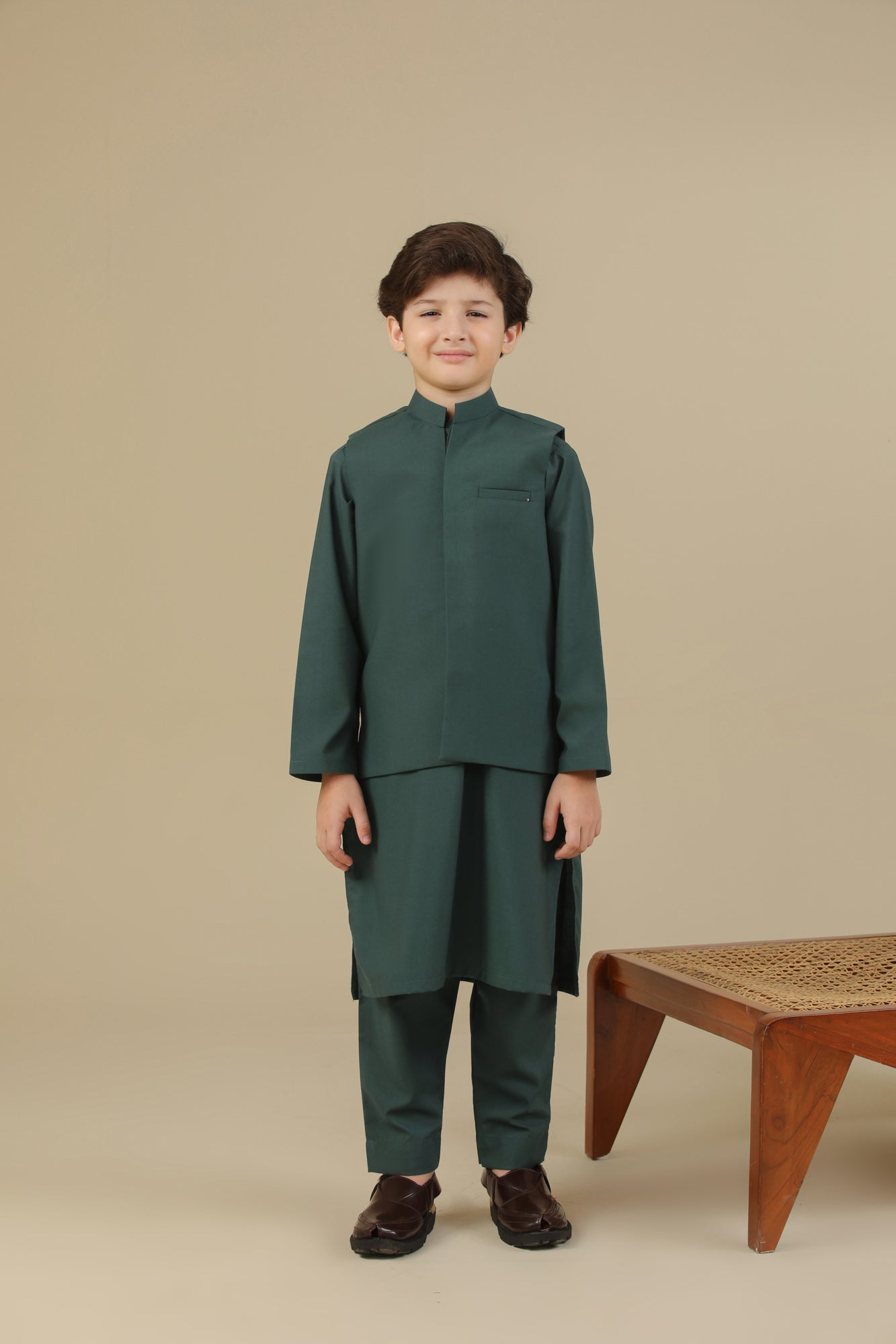 Bottle Green Kurta Trouser with Blended Waistcoat - Kids