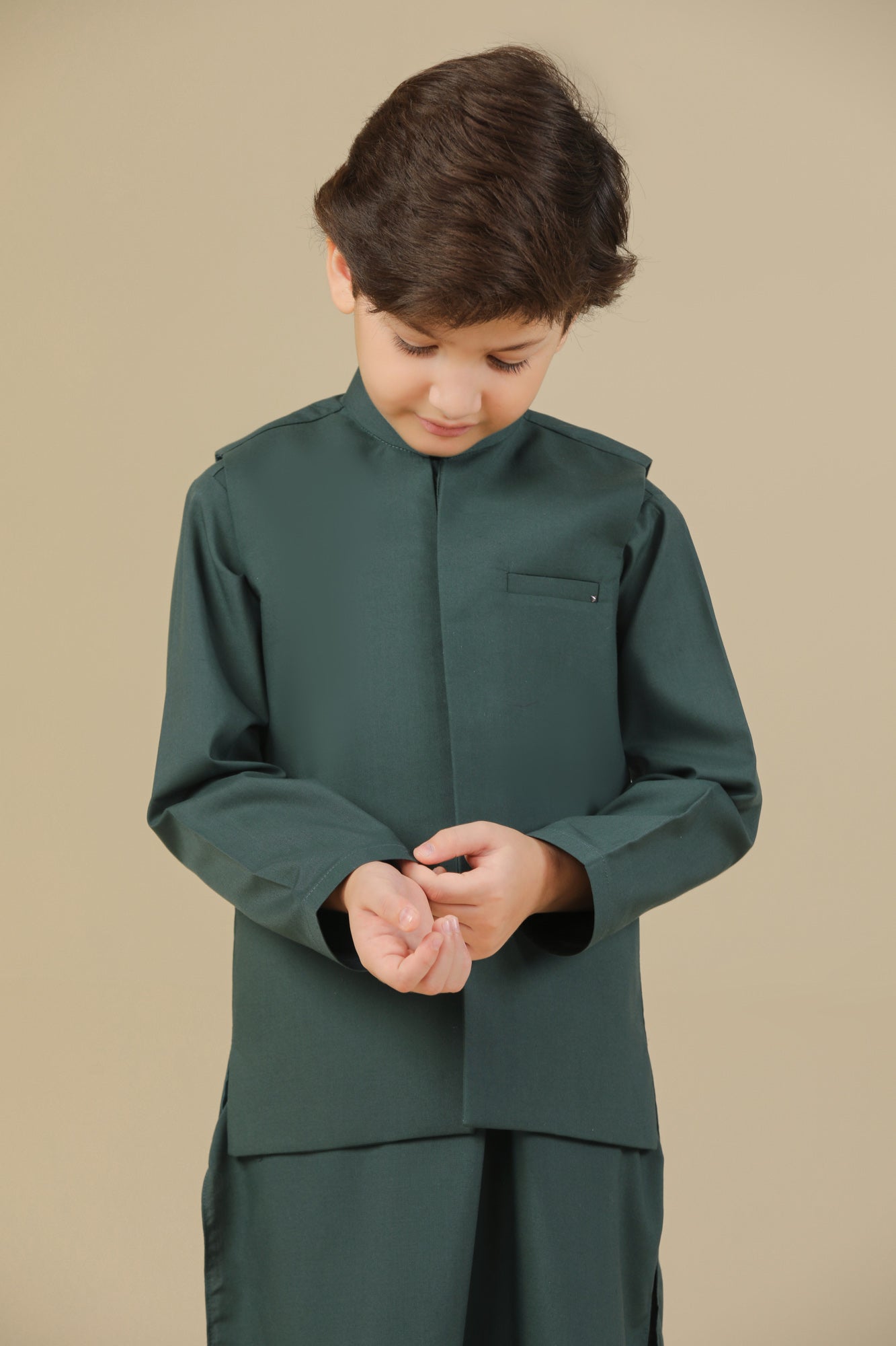 Bottle Green Kurta Trouser with Blended Waistcoat - Kids