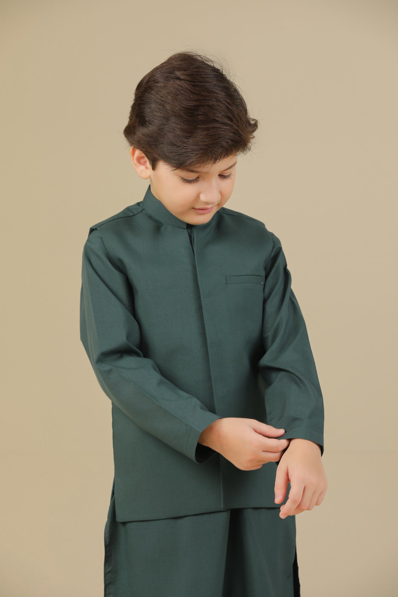 Bottle Green Kurta Trouser with Blended Waistcoat - Kids