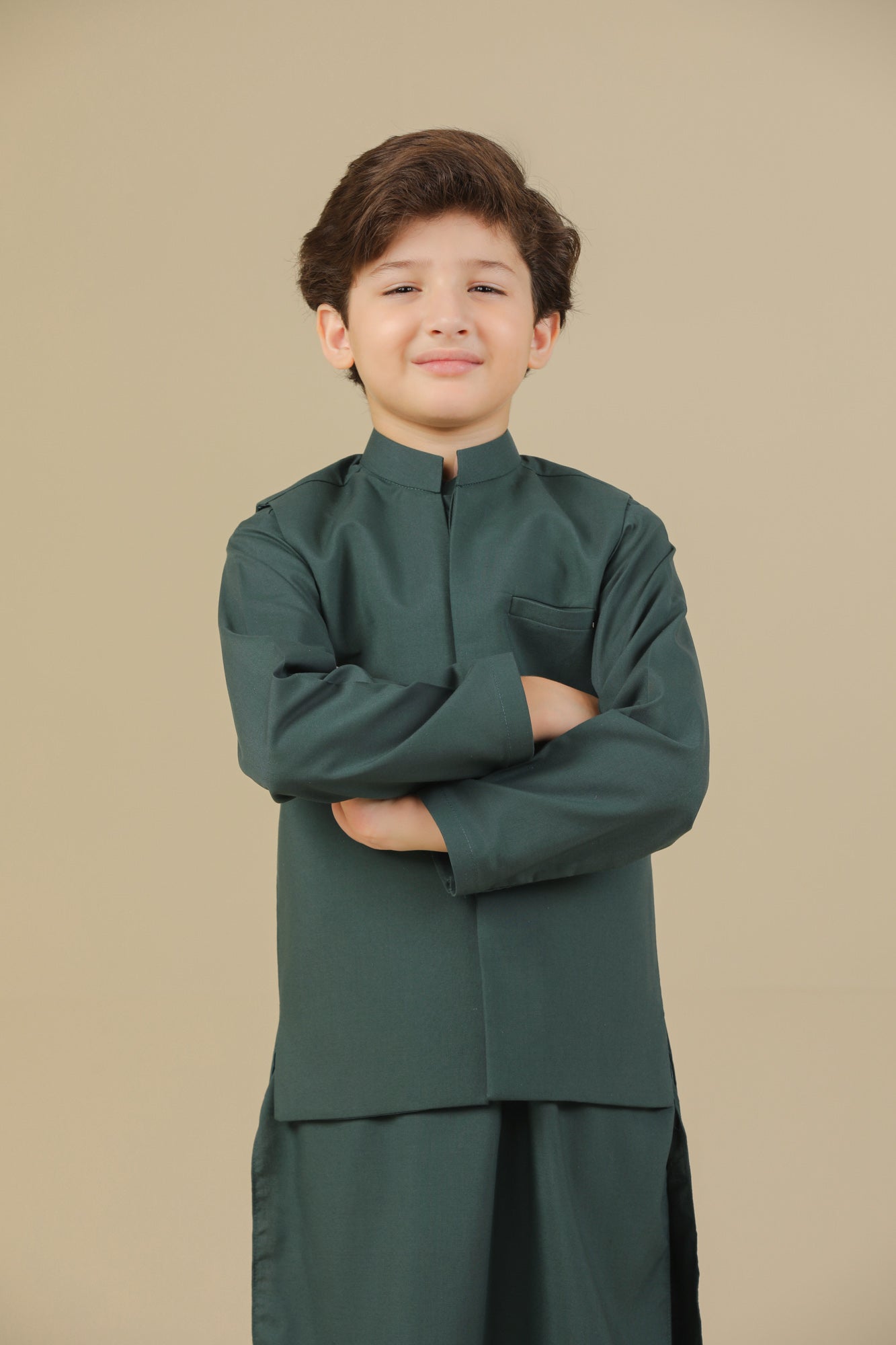 Bottle Green Kurta Trouser with Blended Waistcoat - Kids