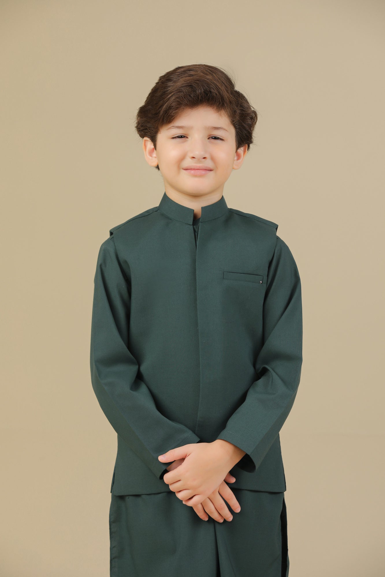 Bottle Green Kurta Trouser with Blended Waistcoat - Kids