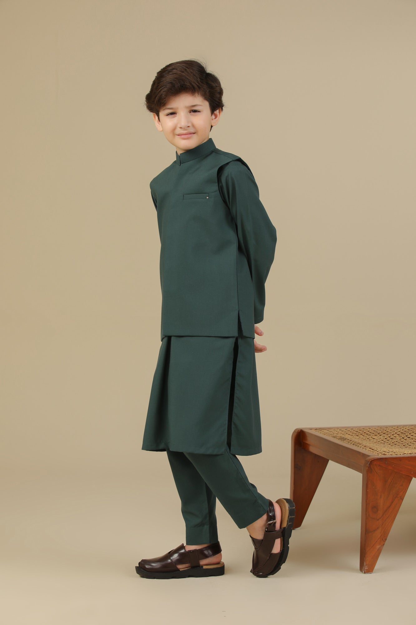 Bottle Green Kurta Trouser with Blended Waistcoat - Kids
